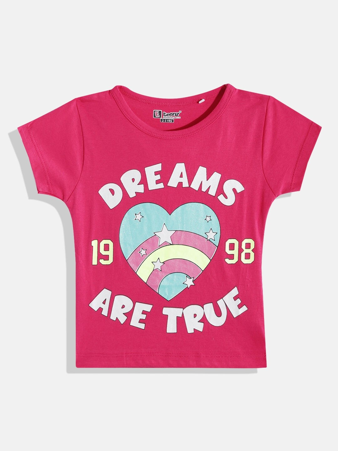

Eteenz Girls Typography Printed & Glitter Embellished Pure Cotton T-shirt, Fuchsia