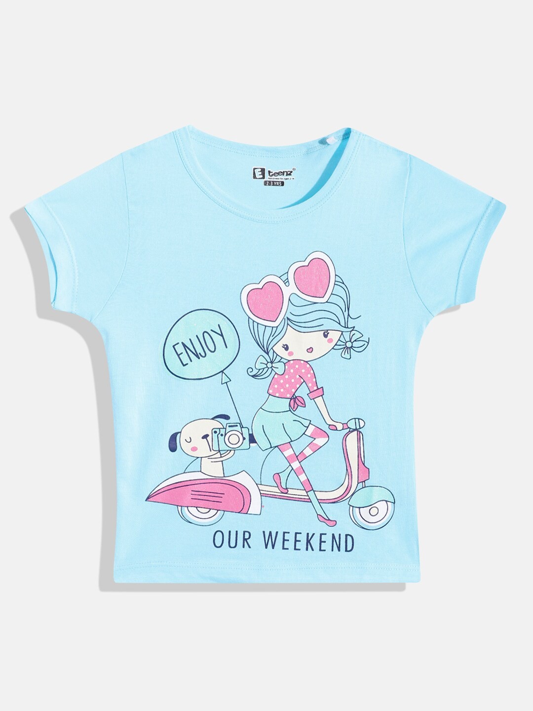 

Eteenz Girls Printed Pure Cotton T-shirt, Turquoise blue