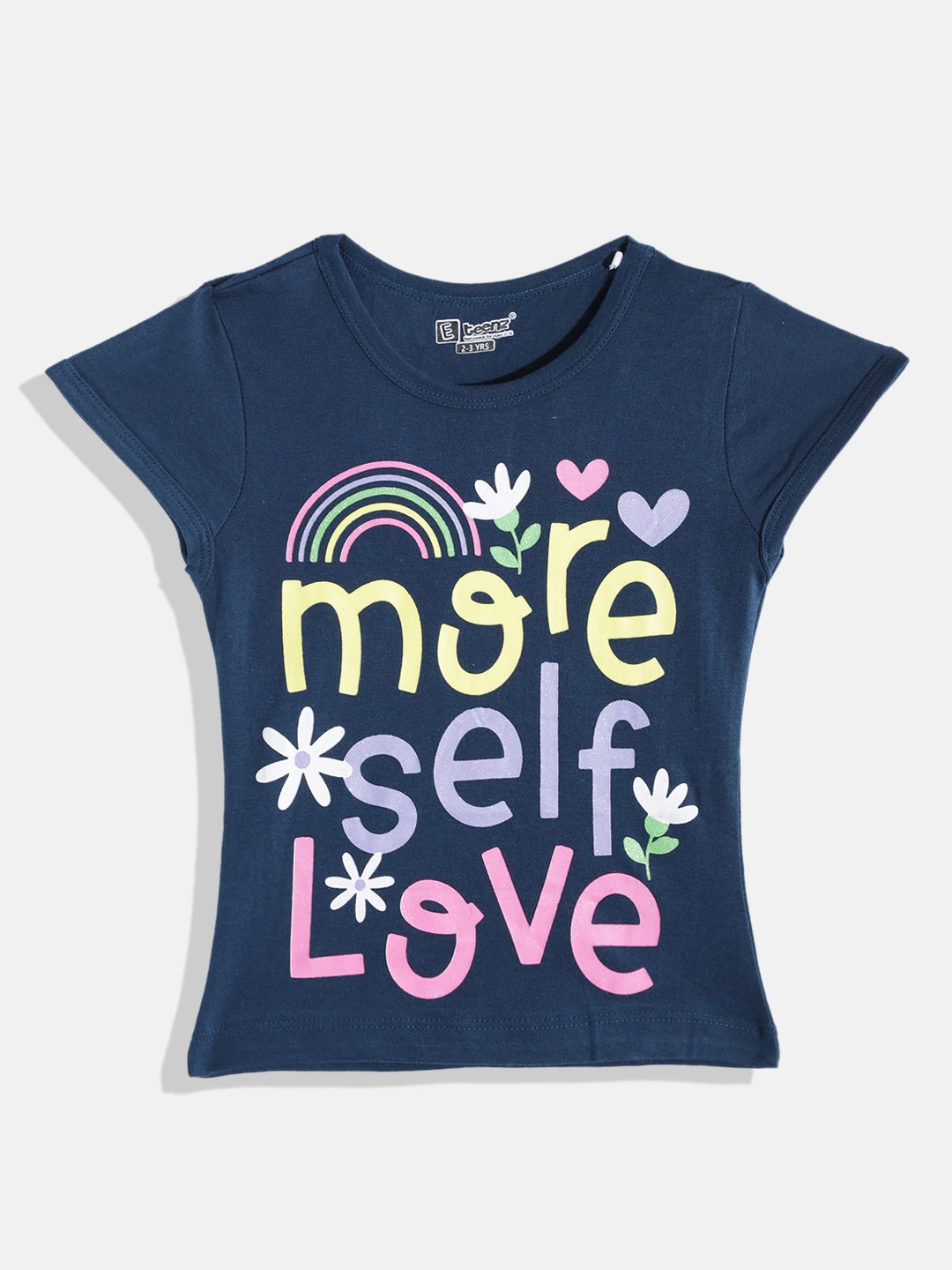 

Eteenz Girls Typography Printed & Glitter Embellished Pure Cotton T-shirt, Navy blue