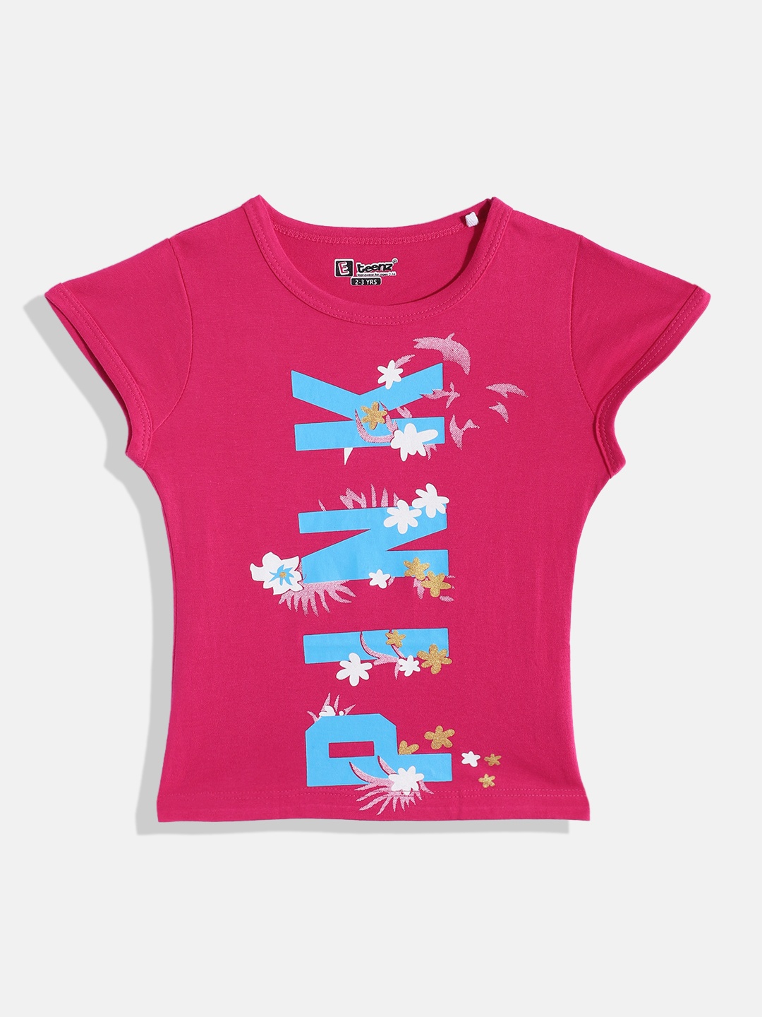 

Eteenz Girls Printed Premium Cotton T-shirt, Fuchsia