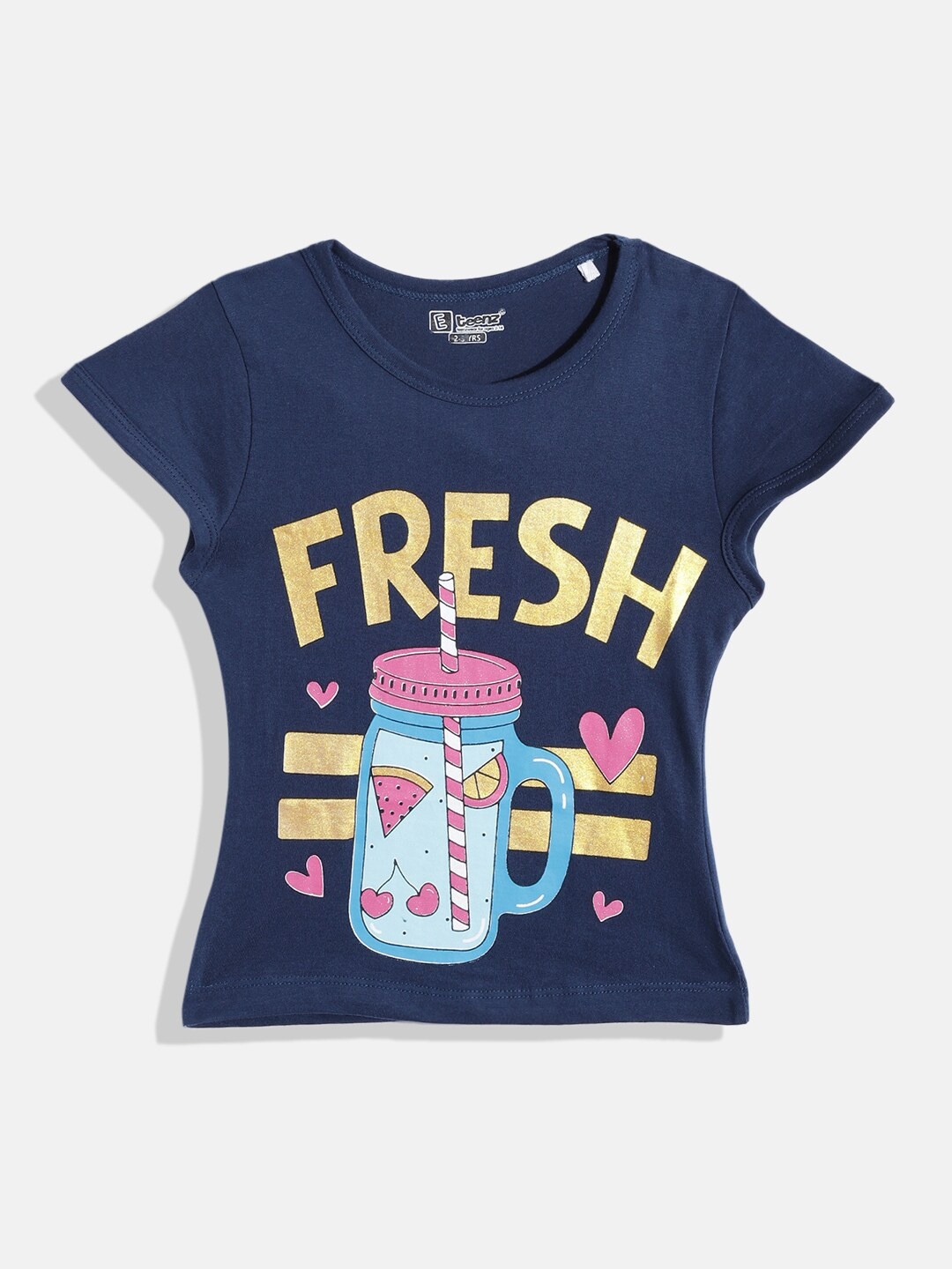 

Eteenz Girls Printed Pure Cotton T-shirt, Navy blue