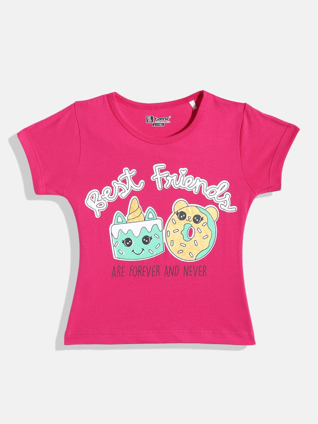 

Eteenz Girls Printed Pure Cotton T-shirt, Fuchsia