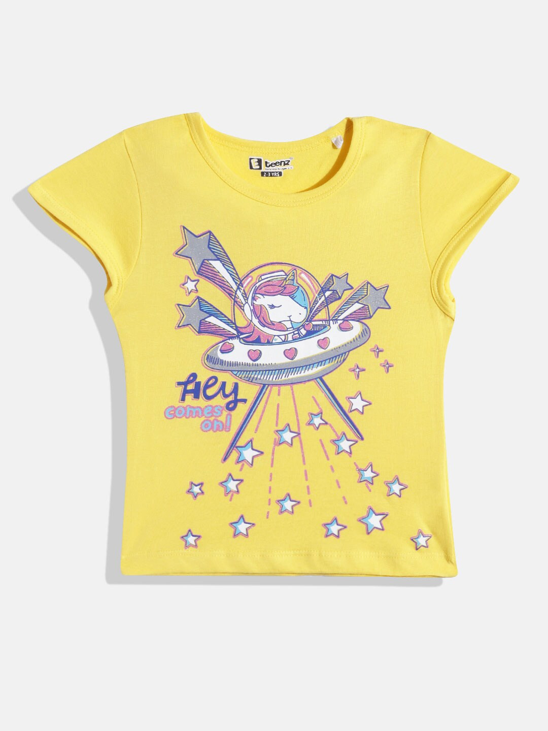 

Eteenz Girls Printed Pure Cotton T-shirt, Yellow
