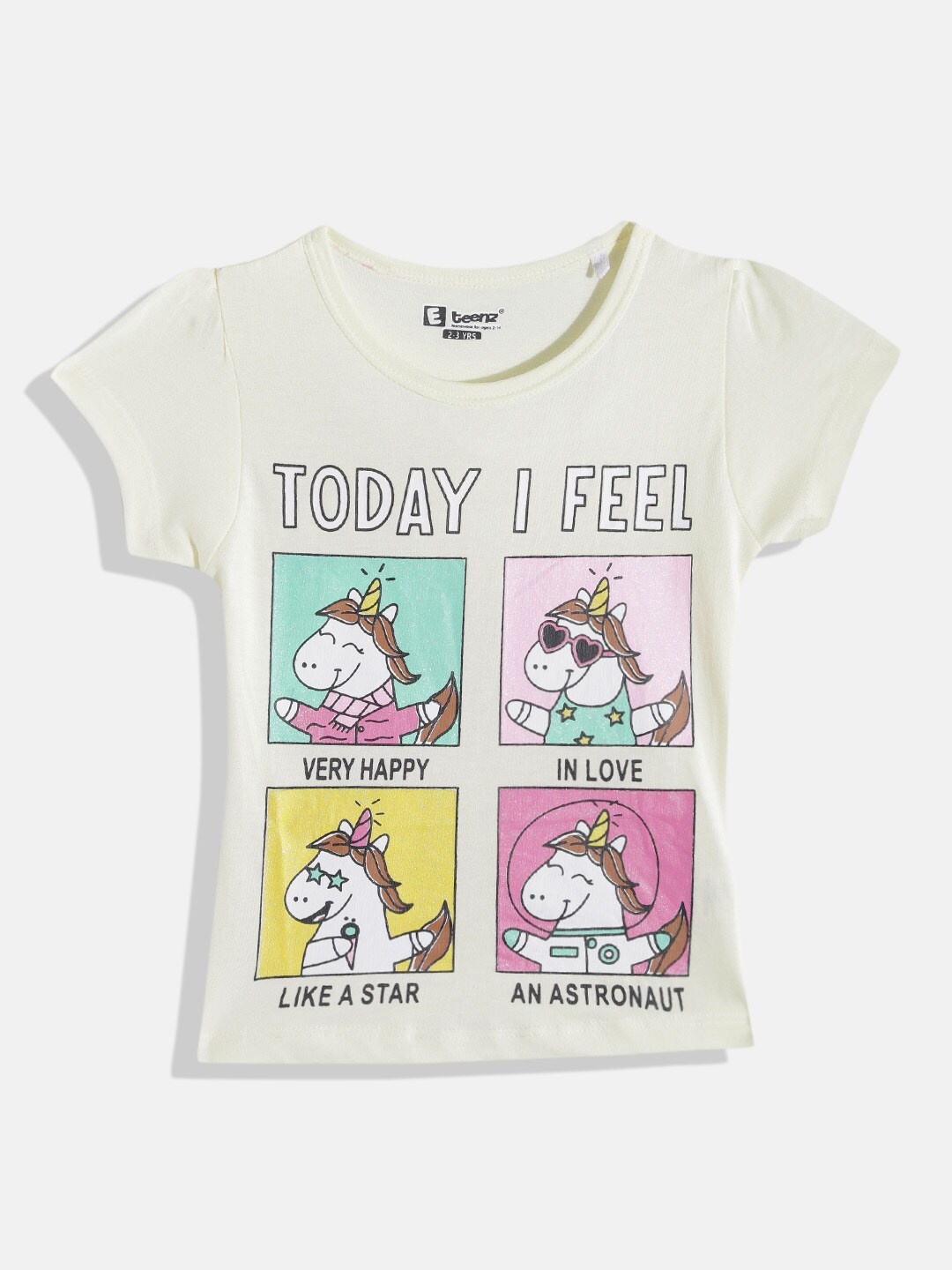 

Eteenz Girls Printed Pure Cotton T-shirt, Off white