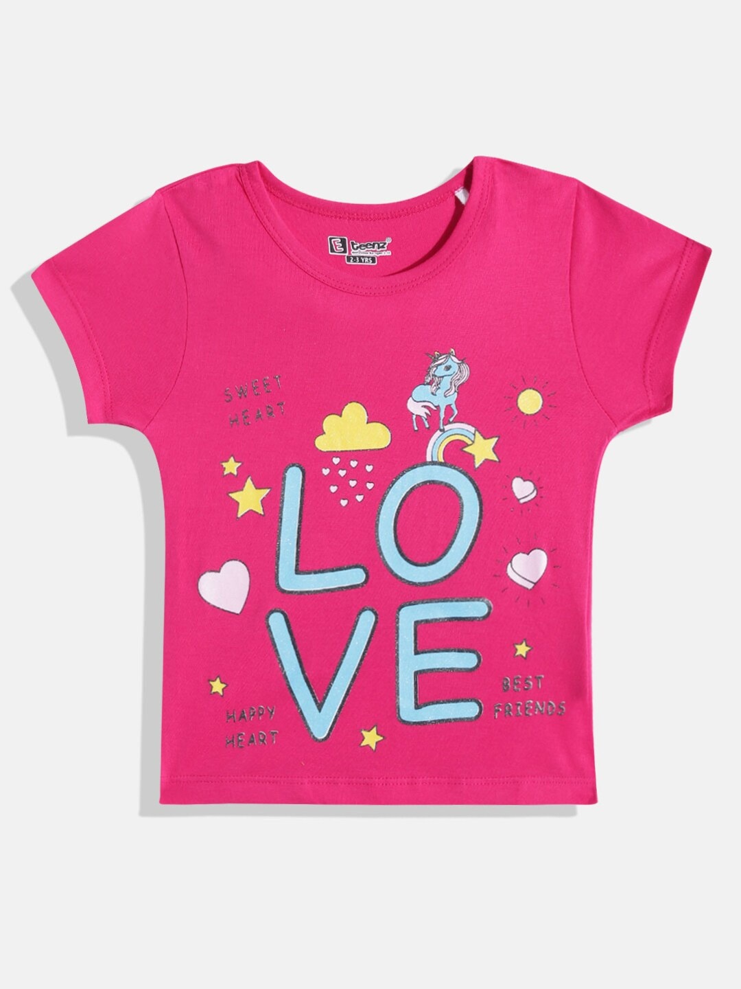 

Eteenz Girls Typography Printed & Glitter Embellished Pure Cotton T-shirt, Fuchsia