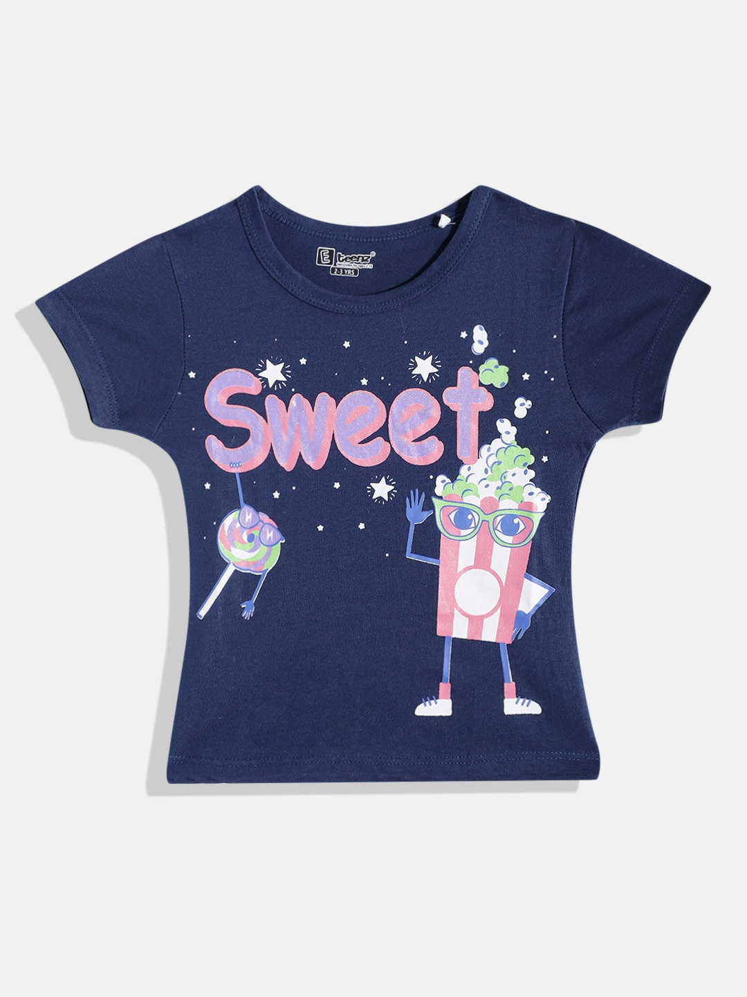 

Eteenz Girls Printed Premium Cotton T-shirt, Navy blue