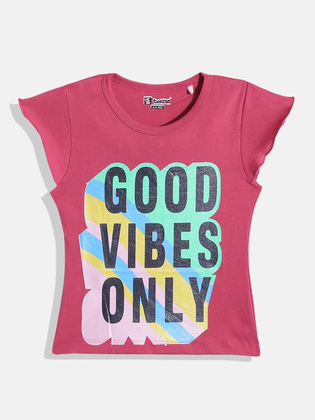 

Eteenz Girls Typography Printed & Glitter Embellished Pure Cotton T-shirt, Fuchsia