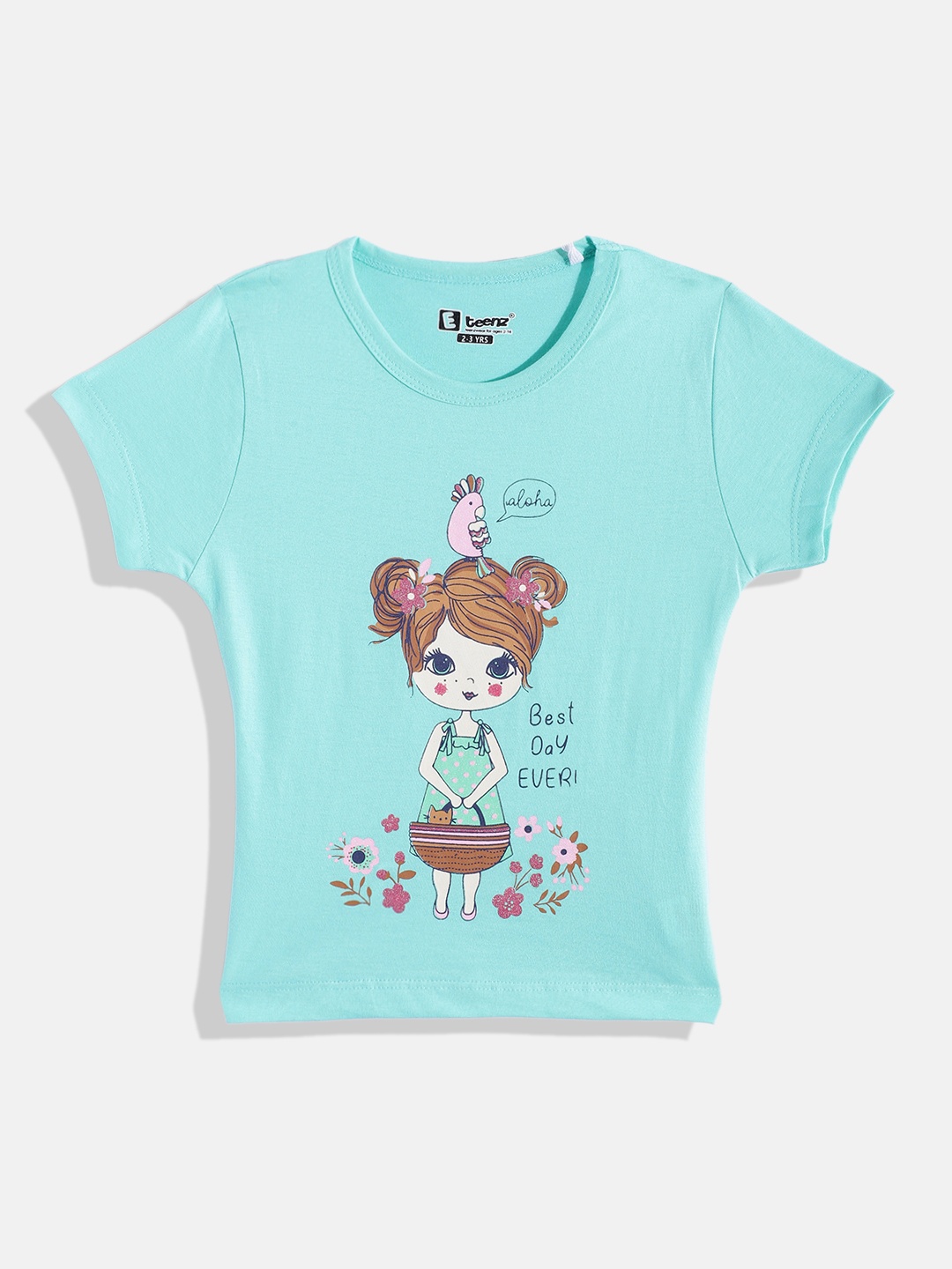 

Eteenz Girls Printed Premium Cotton T-shirt, Sea green