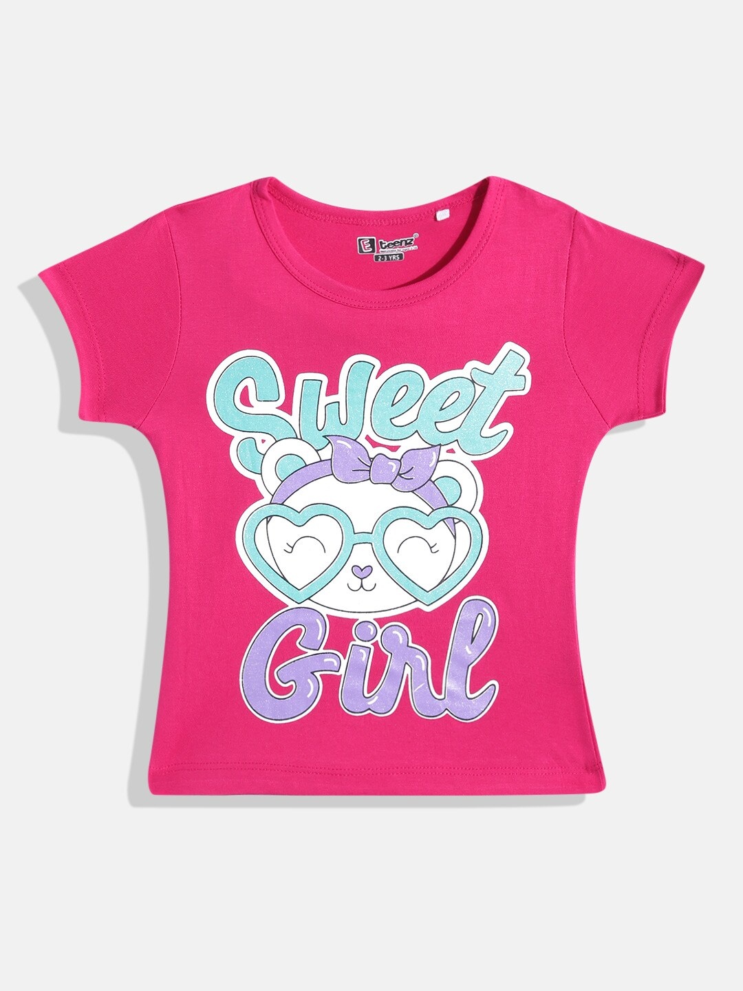 

Eteenz Girls Typography Printed & Glitter Embellished Pure Cotton T-shirt, Fuchsia