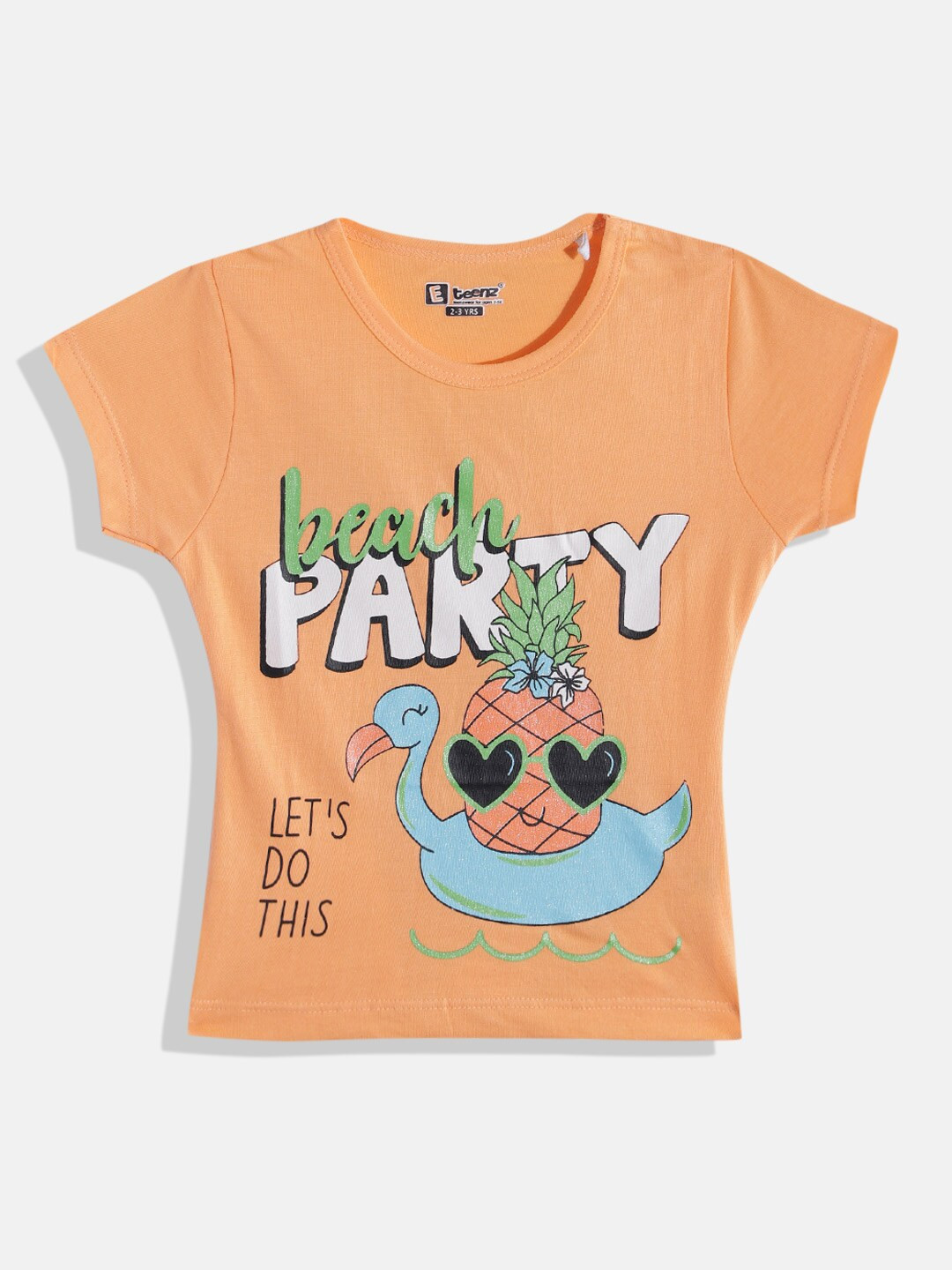 

Eteenz Girls Graphic Printed & Glitter Embellished Pure Cotton T-shirt, Orange