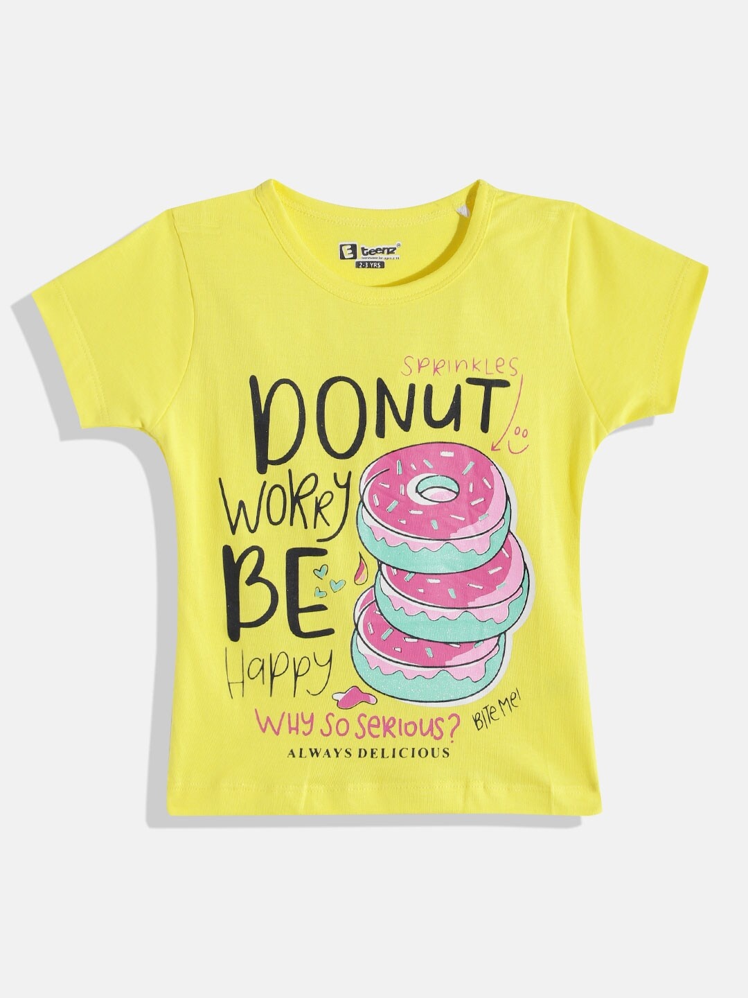 

Eteenz Girls Typography Printed & Glitter Embellished Pure Cotton T-shirt, Yellow