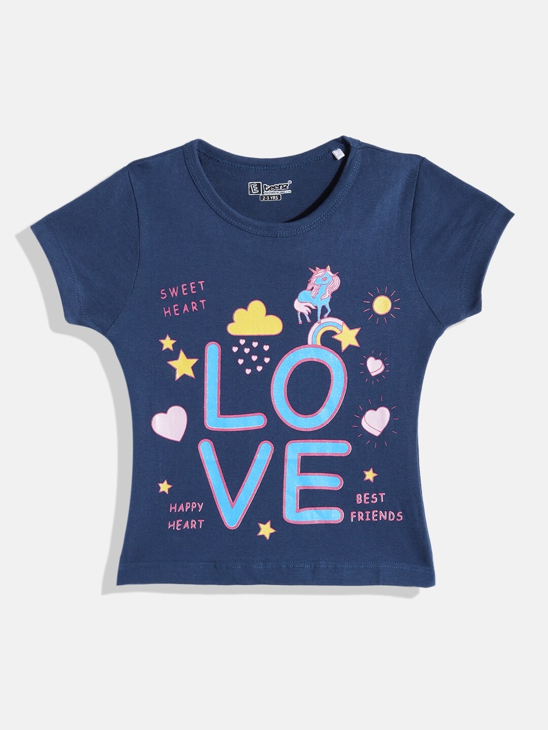 

Eteenz Girls Printed Pure Cotton T-shirt, Navy blue