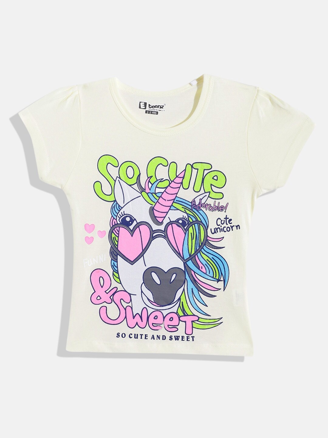 

Eteenz Girls Pure Cotton Printed T-shirt, Cream
