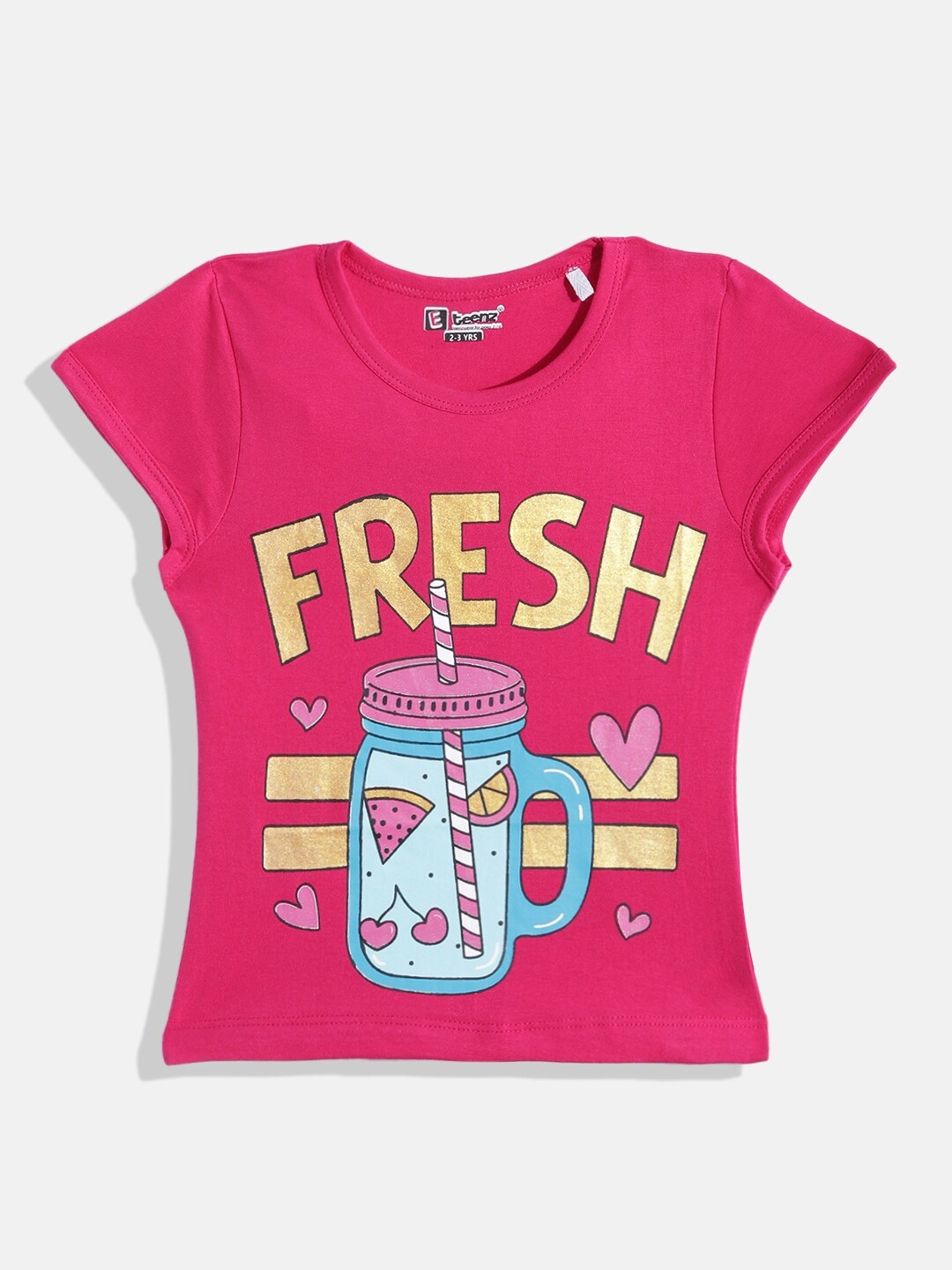 

Eteenz Girls Printed Pure Cotton T-shirt, Fuchsia