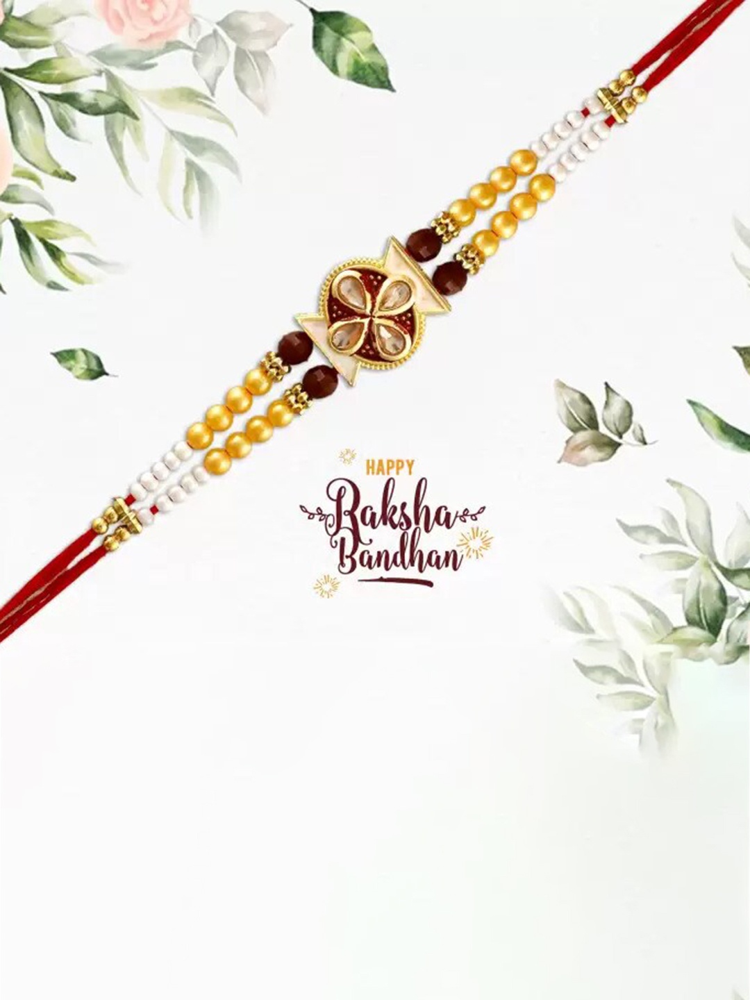 

MANSIYAORANGE American Diamond Stone-Studded & Beaded Rakhi With Roli Chawal, Gold