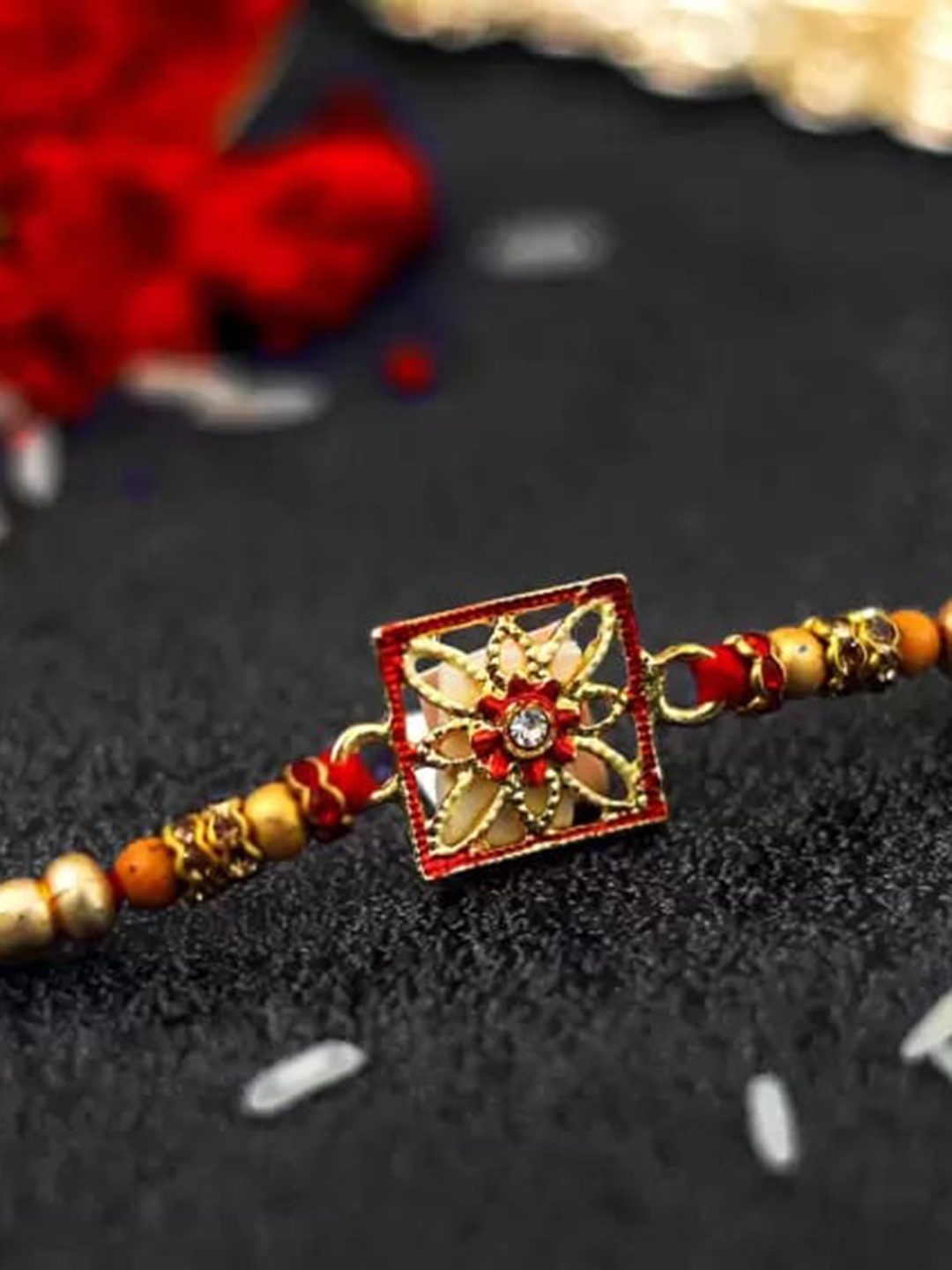 

MANSIYAORANGE American Diamond & Kundan-Studded & Pearl-Beaded Rakhi With Roli Chawal, Gold