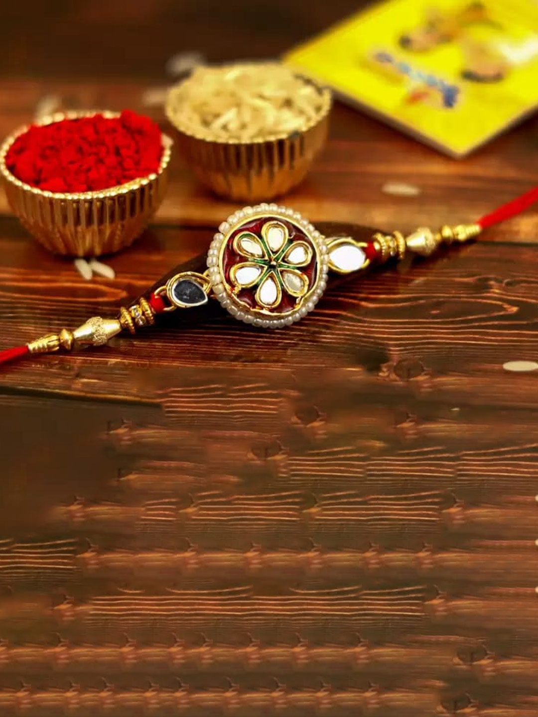 

MANSIYAORANGE American Diamond & Kundan-Studded & Pearl-Beaded Rakhi With Roli Chawal, Gold
