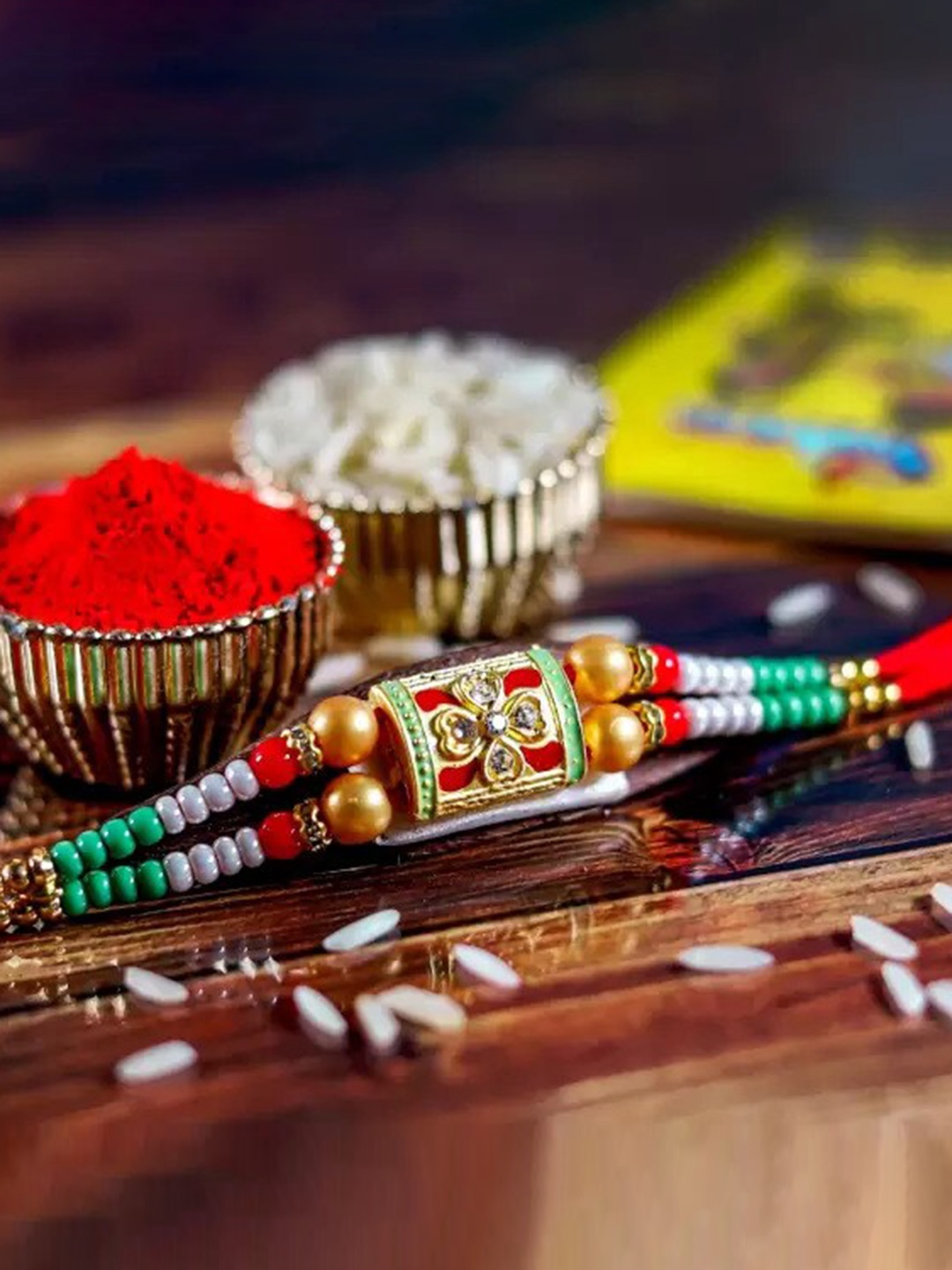 

MANSIYAORANGE American Diamond & Kundan-Studded & Pearl-Beaded Rakhi With Roli Chawal, Gold