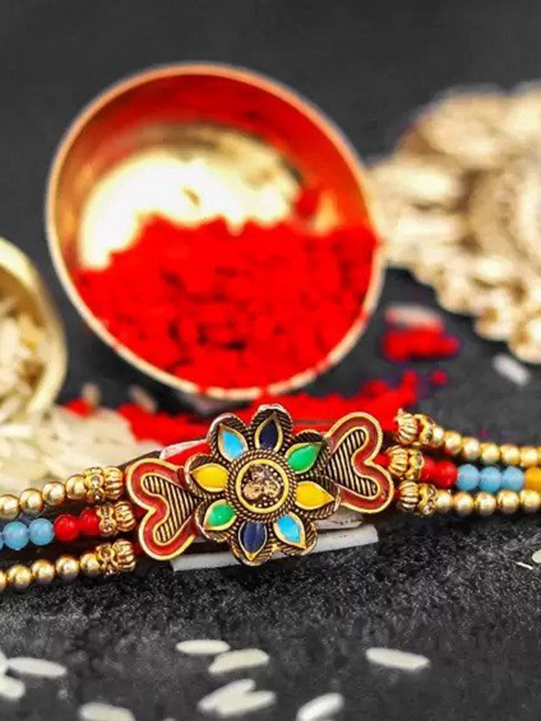 

MANSIYAORANGE American Diamond & Kundan-Studded & Pearl-Beaded Rakhi With Roli Chawal, Gold