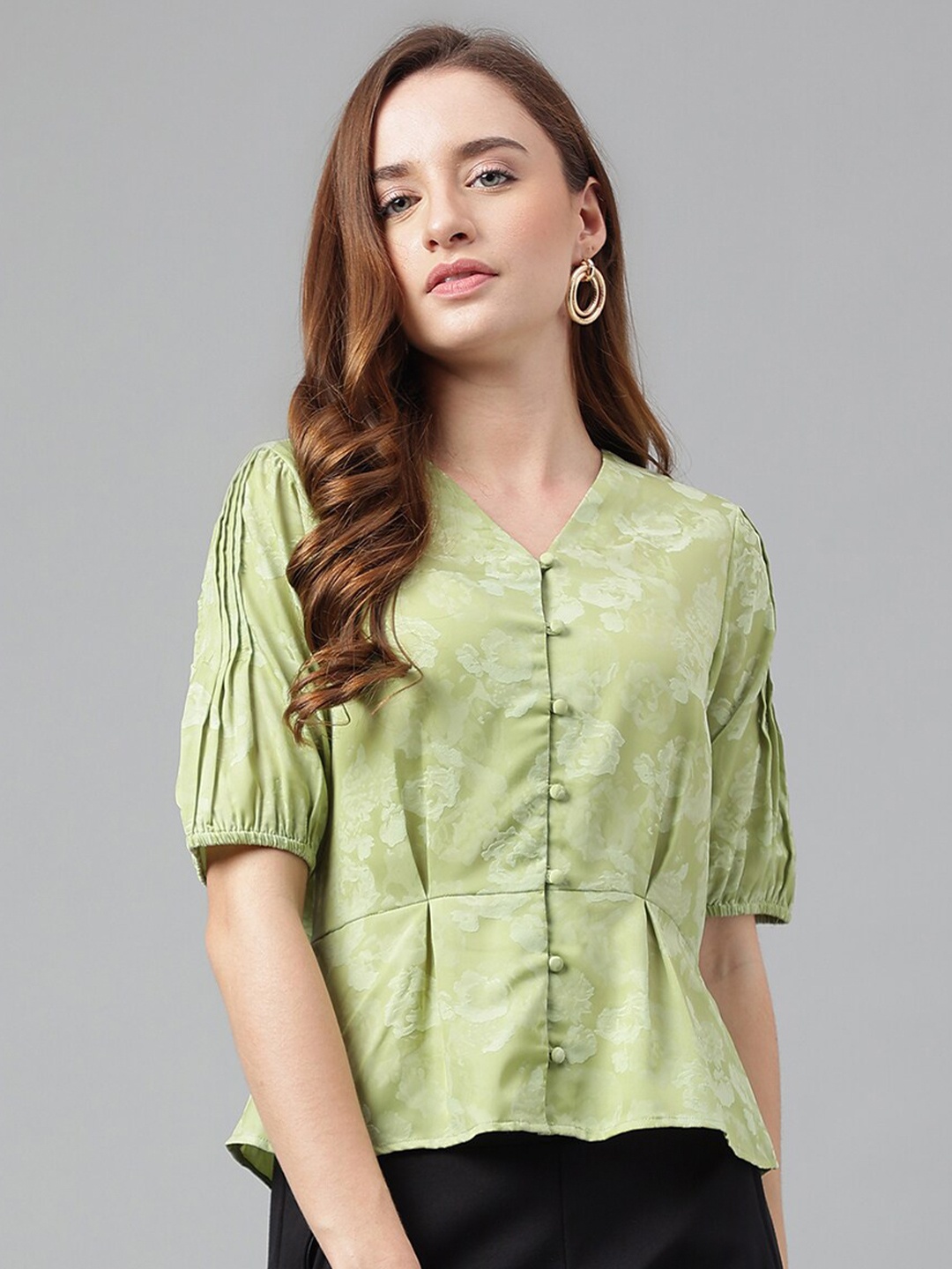 

Latin Quarters Floral Printed V-Neck Peplum Top, Green