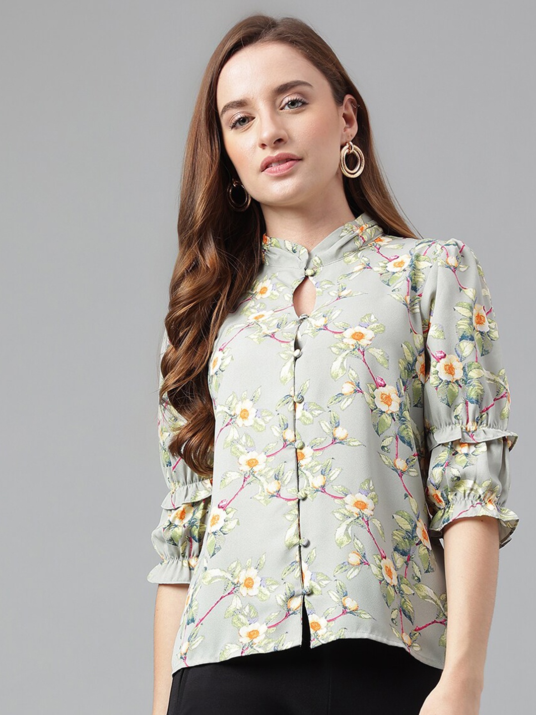 

Latin Quarters Floral Printed Mandarin Collar Roll-Up Sleeves Shirt Style Top, Green