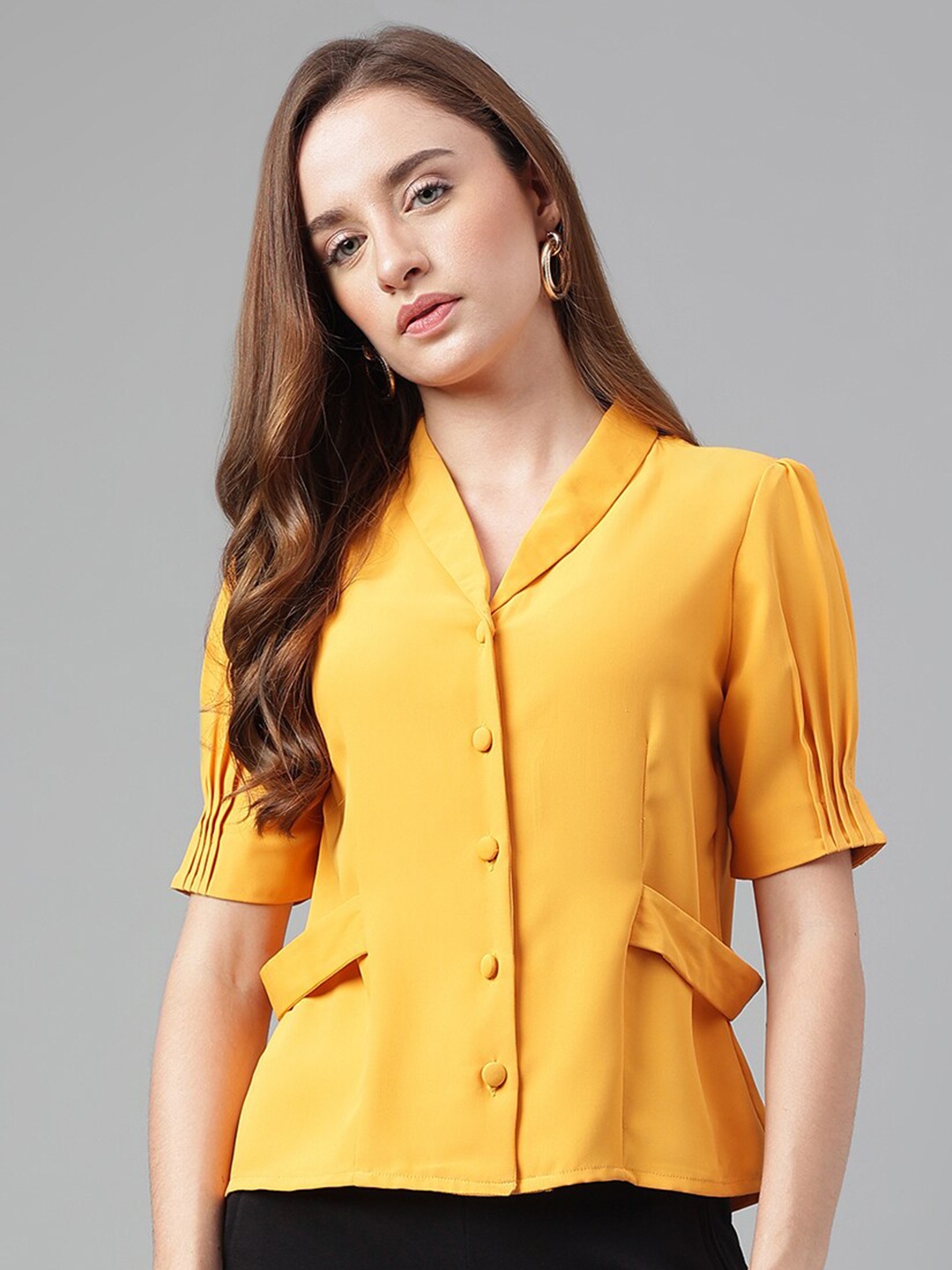 

Latin Quarters Puff Sleeve Shirt Style Top, Mustard