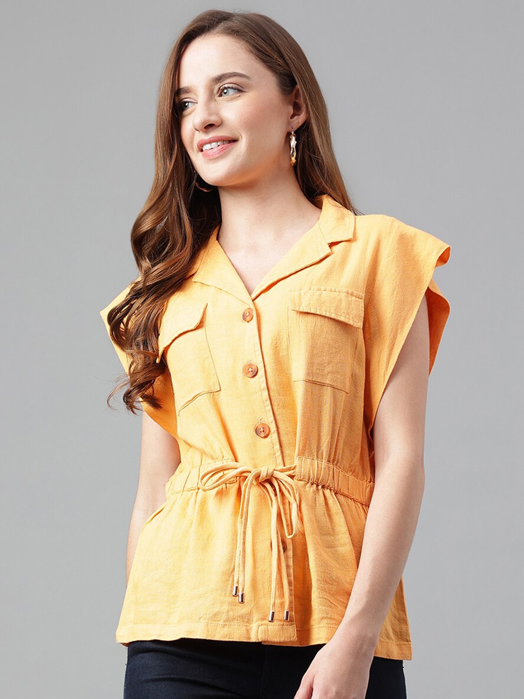 

Latin Quarters Flutter Sleeve Linen Cinched Waist Top, Orange