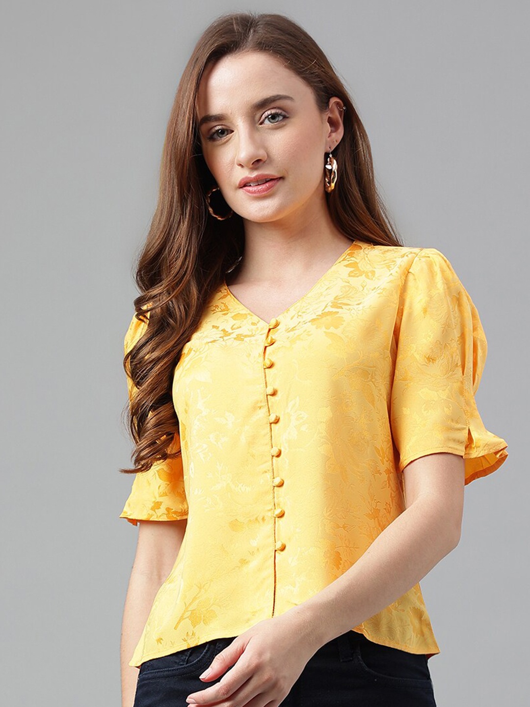 

Latin Quarters V-Neck Puff Sleeves Top, Yellow