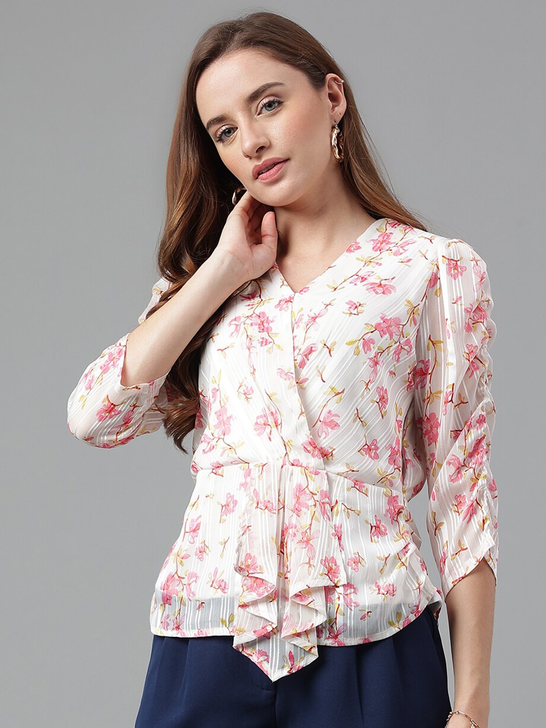 

Latin Quarters Floral Print Cinched Waist Top, Pink