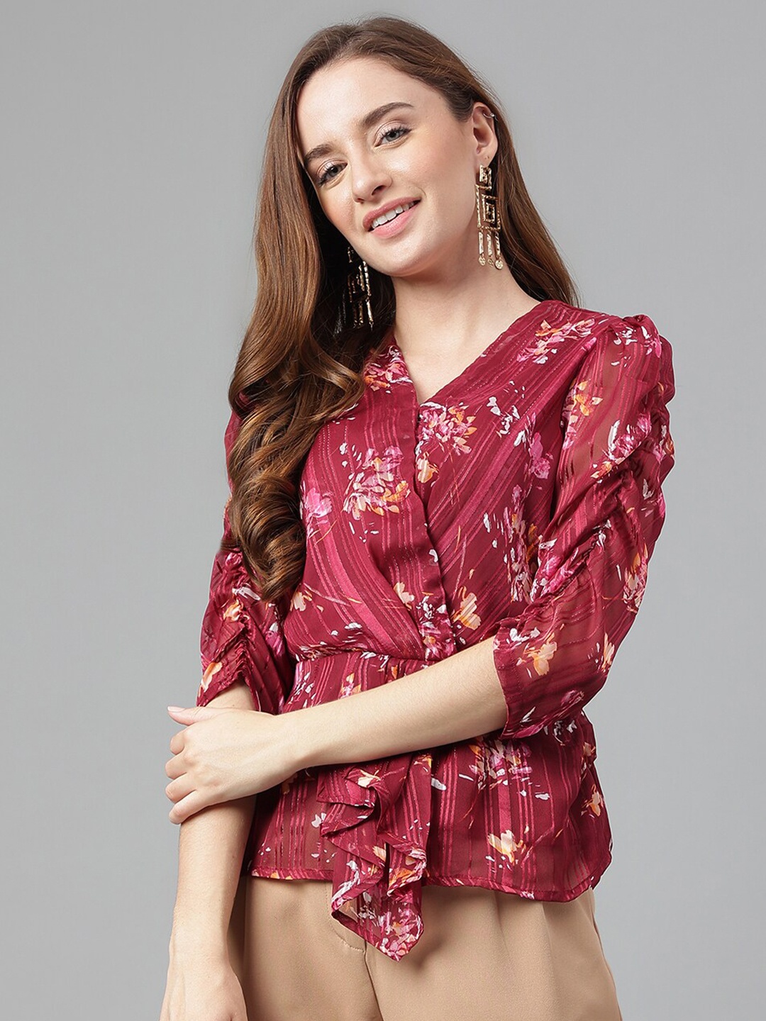 

Latin Quarters Floral Print Puff Sleeve Wrap Top, Maroon