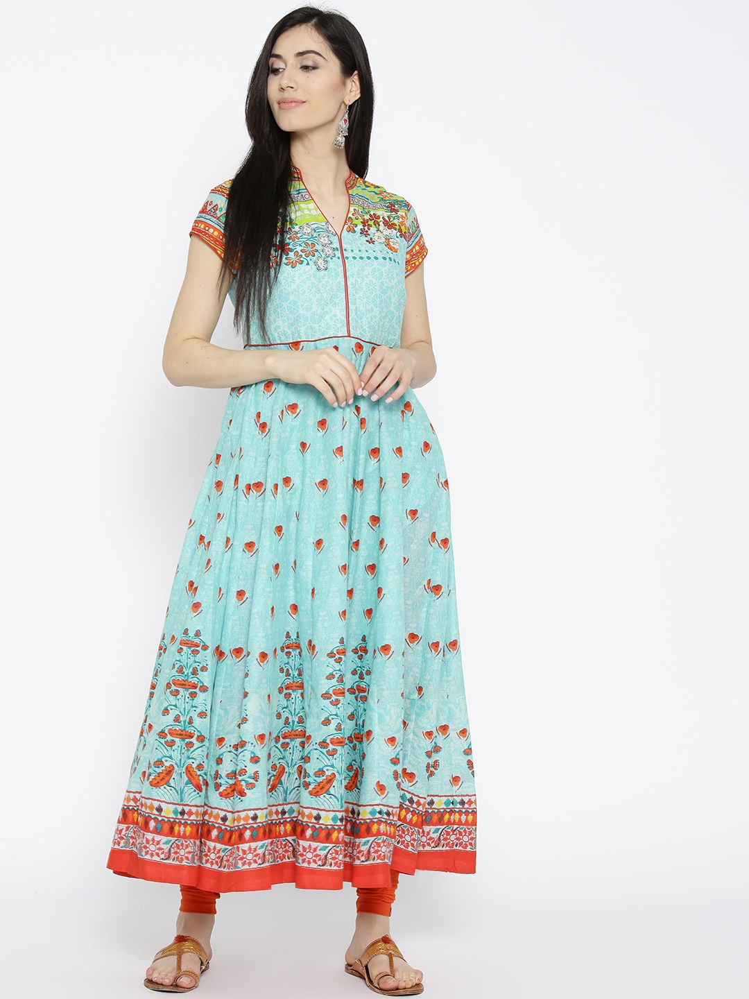 

Biba Women Blue & Orange Printed Anarkali Kurta