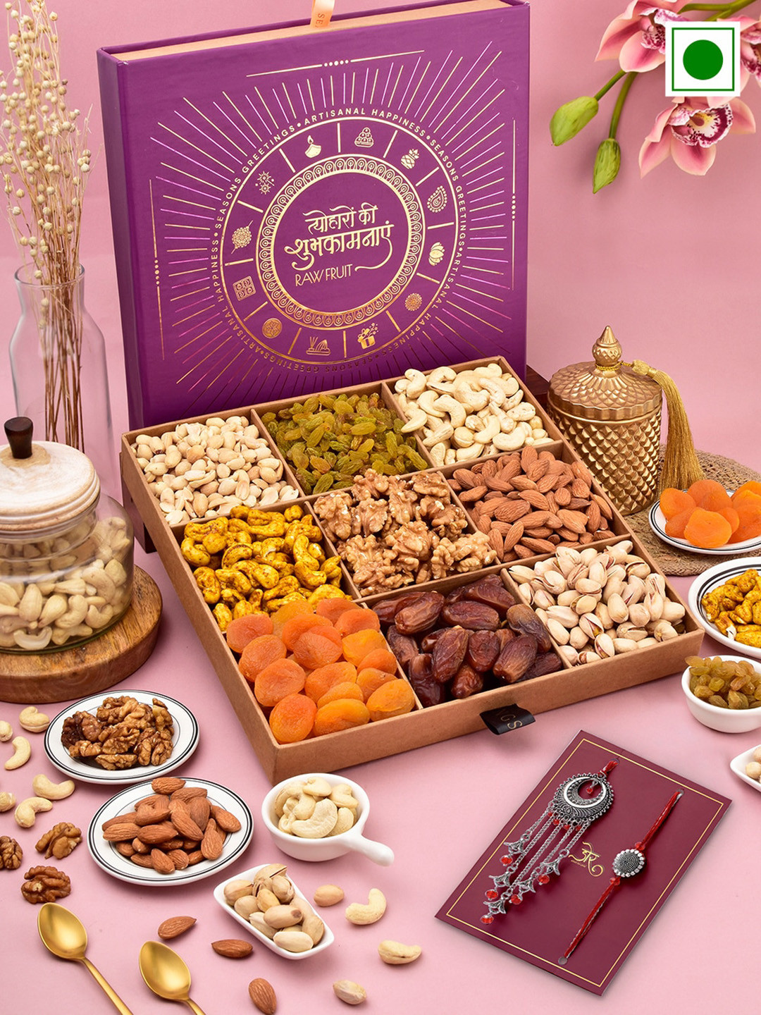 

RawFruit Nut Assortment Hamper with 2 Bhai Bhabhi Rakhi, Red