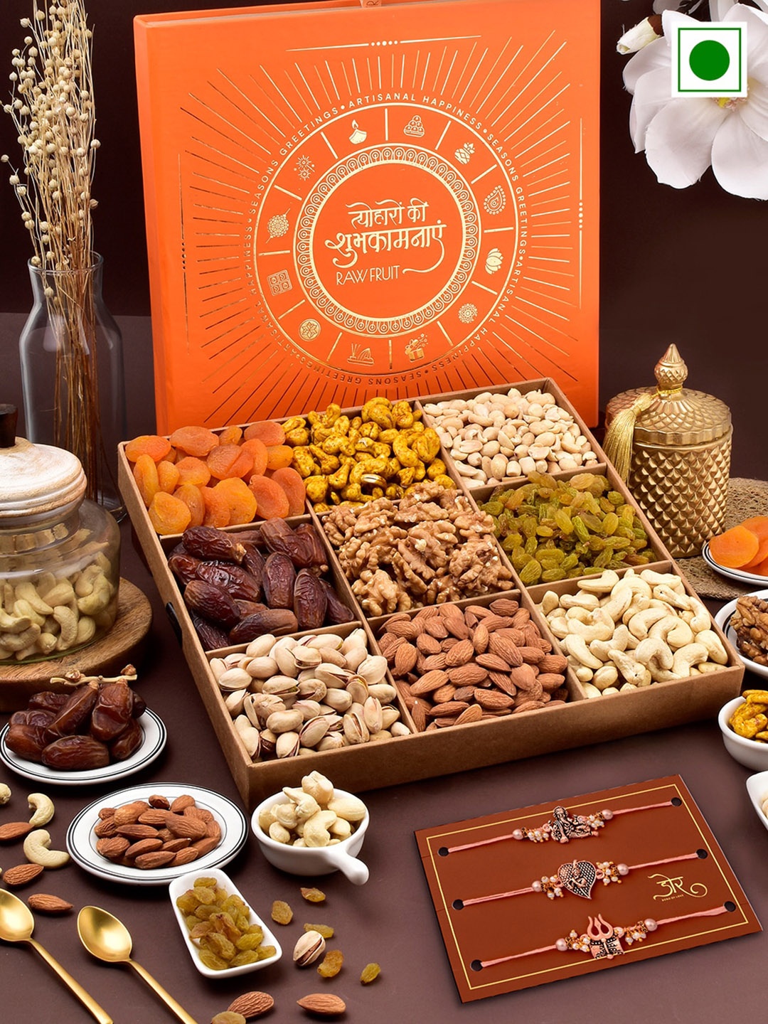 

RawFruit Nut Medley Hamper With 3 Rakhis, Rose gold