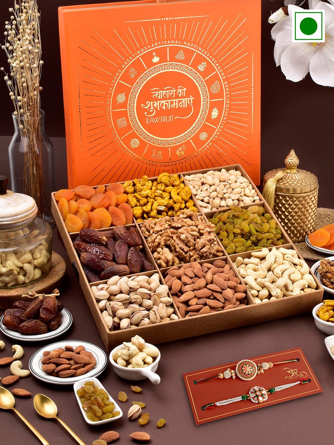 

RawFruit Nut Medley Hamper with 2 Rakhi, Orange