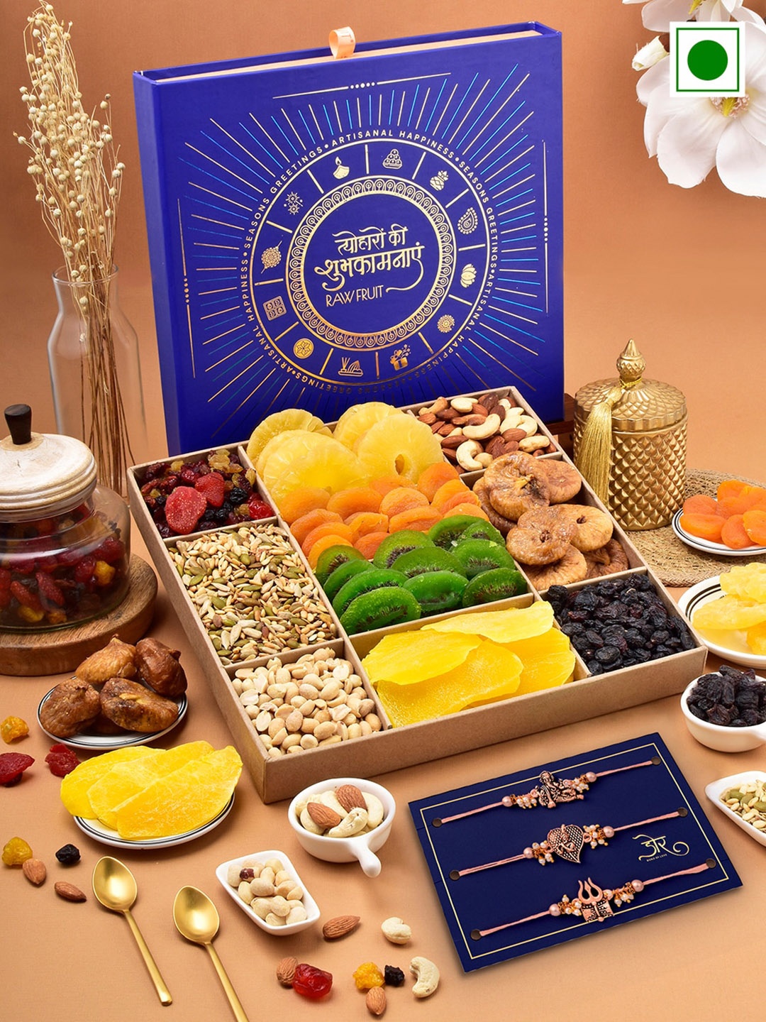 

RawFruit Tropical Nut Box With 3 Rakhi 1200gms, Beige