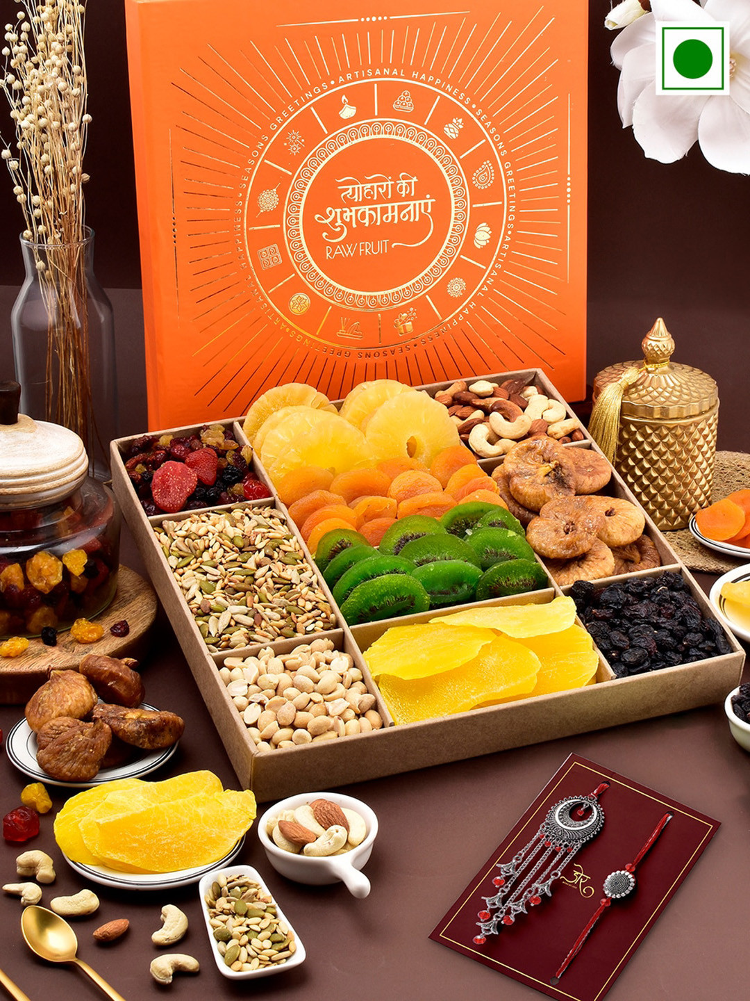 

RawFruit Tropical Orchard Hamper with Bhai Bhabhi Rakhi, Silver