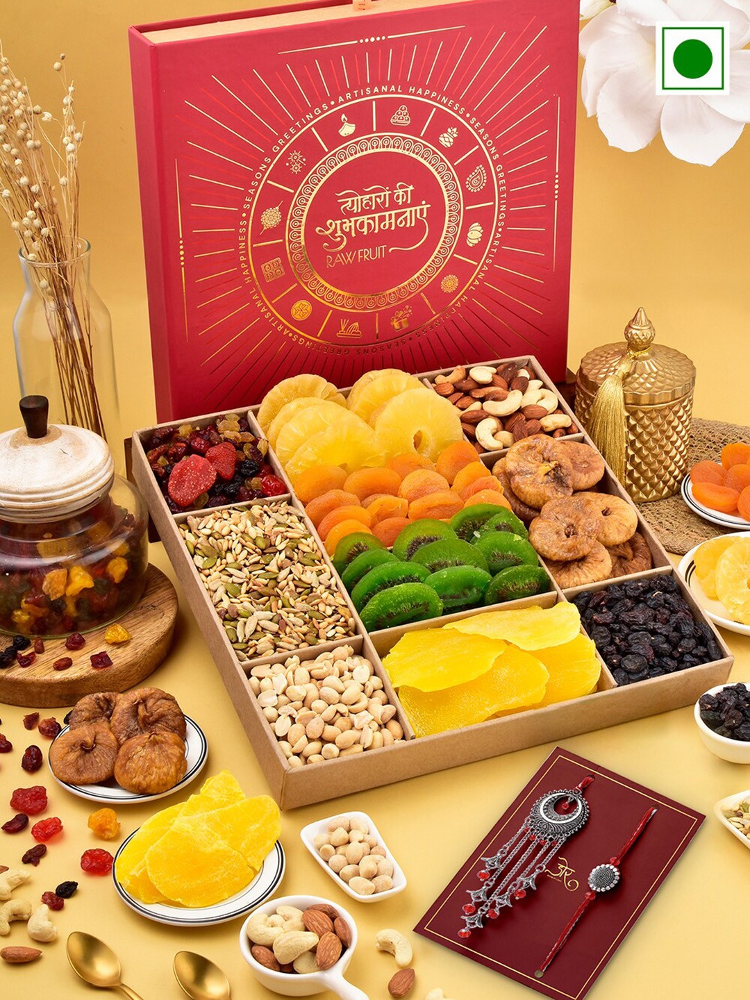 

RawFruit Set Of 2 charm Rakhis With Roli Chawal & Dryfruits Gift Set, Silver