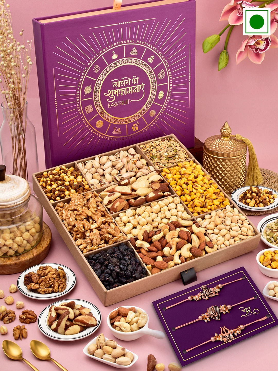 RawFruit Jumbo Nut Box With 3 Rakhis, Rose gold