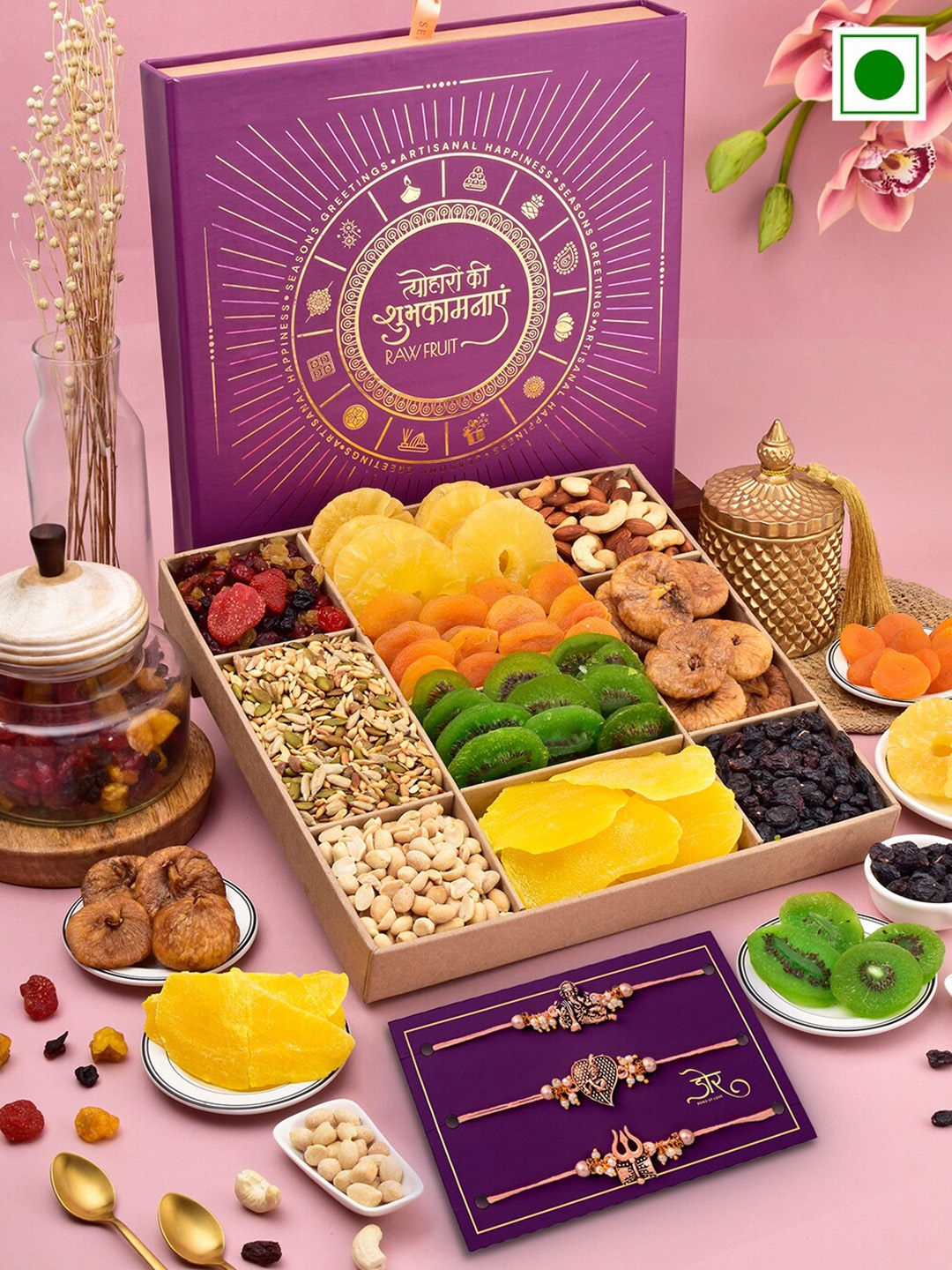 

RawFruit Set Of 3 Charmed Rakhis With Roli Chawal & Dryfruits Gift Set, Rose gold