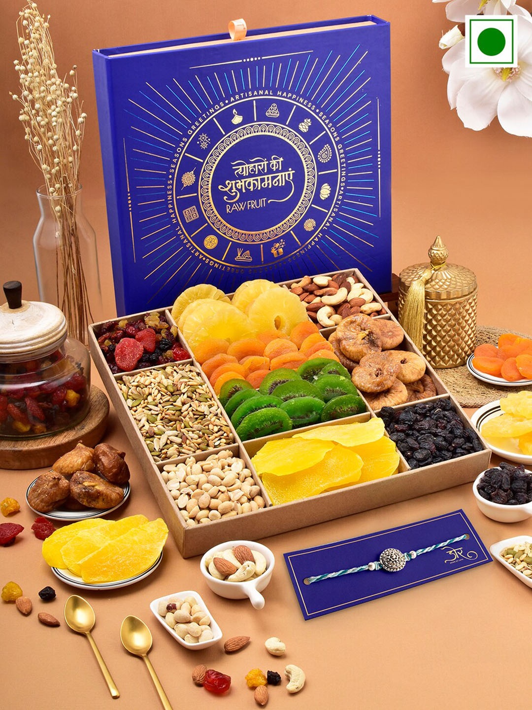 

RawFruit Round Shaped Rakhi With Roli Chawal & Dryfruits Gift Set, Blue