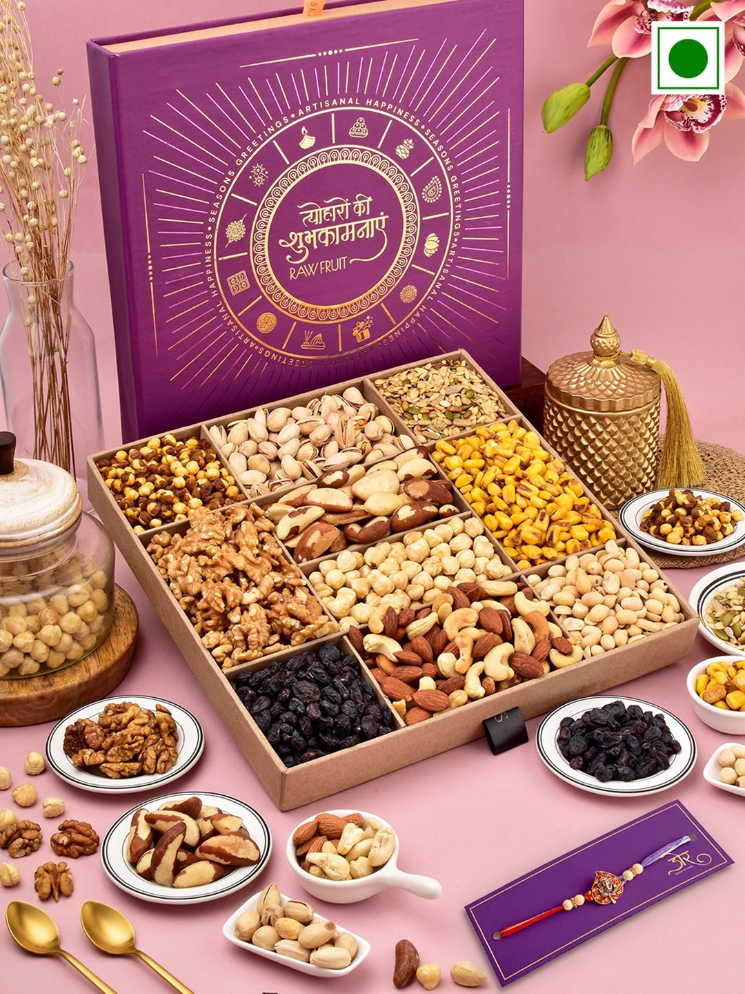 

RawFruit Ganesha Charm Rakhi With Roli Chawal & Dryfruits Gift Set, Purple