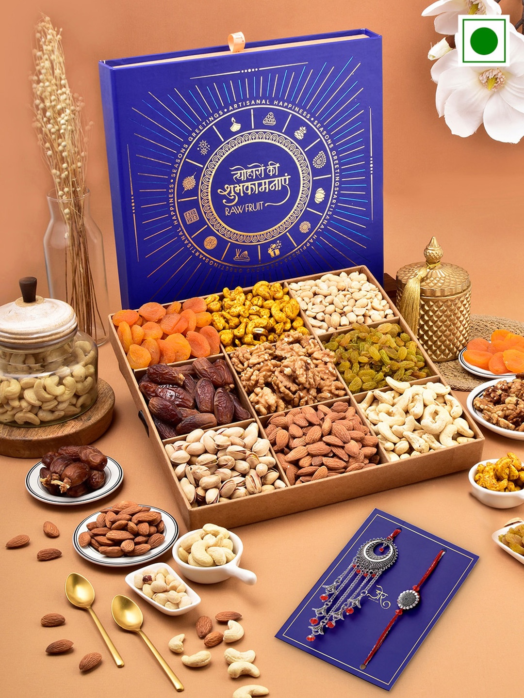 

RawFruit Basic Nut Box With Bhai Bhabhi Rakhi, Silver