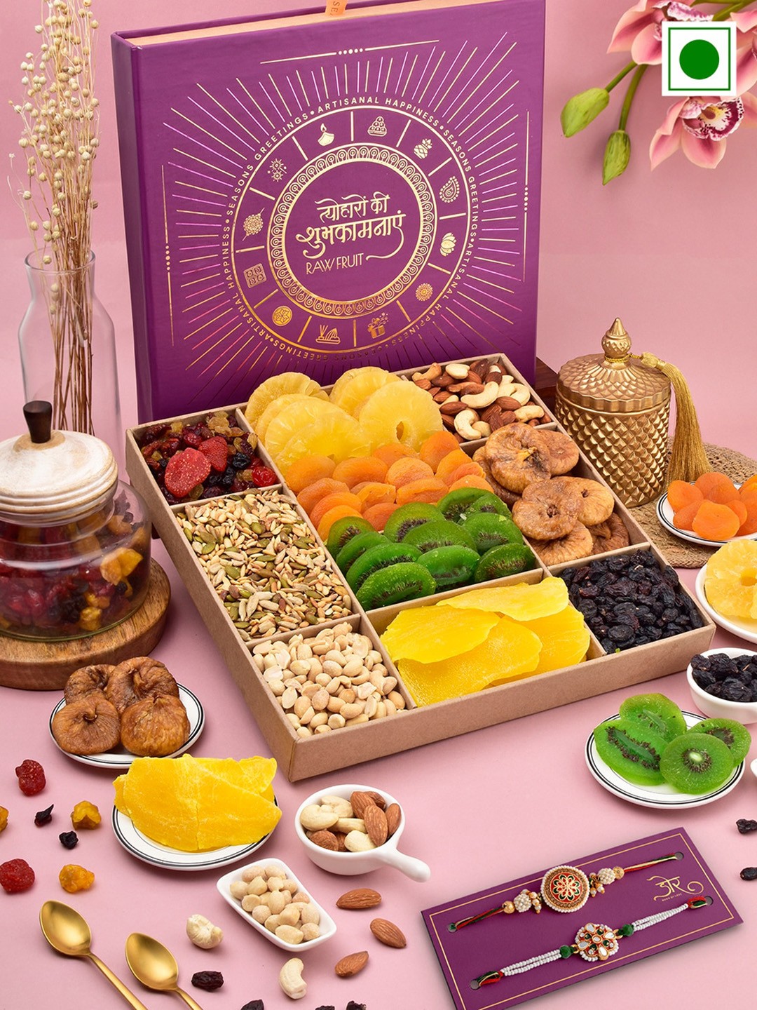 

RawFruit Tropical Nut Box With 2 Rakhis, Gold