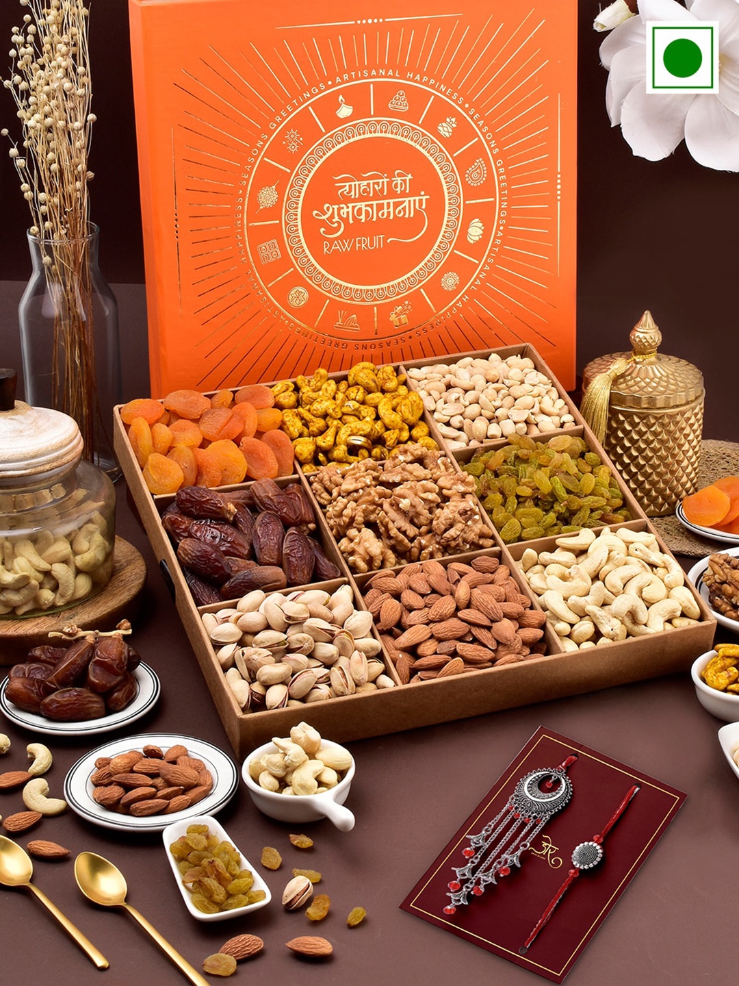 

RawFruit Nut Medley Hamper With Bhai Bhabhi Rakhi 1200gms, Red