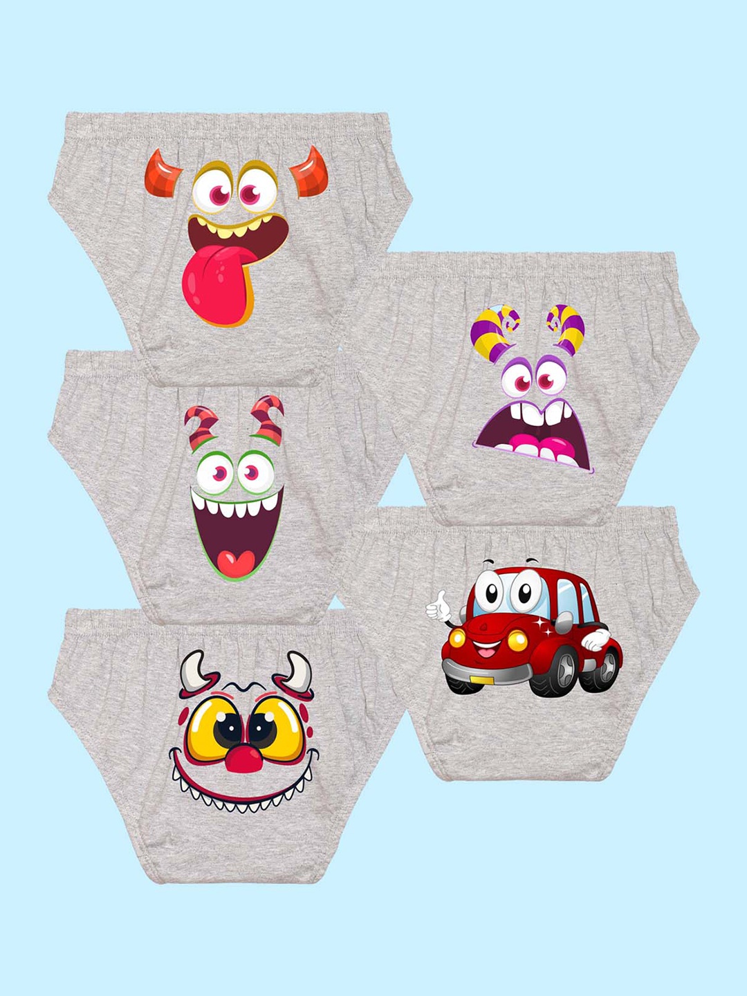 

NUSYL Boys Pack Of 5 Graphic Printed Cotton Basic Briefs NUBCBRFPO5.0041, Grey