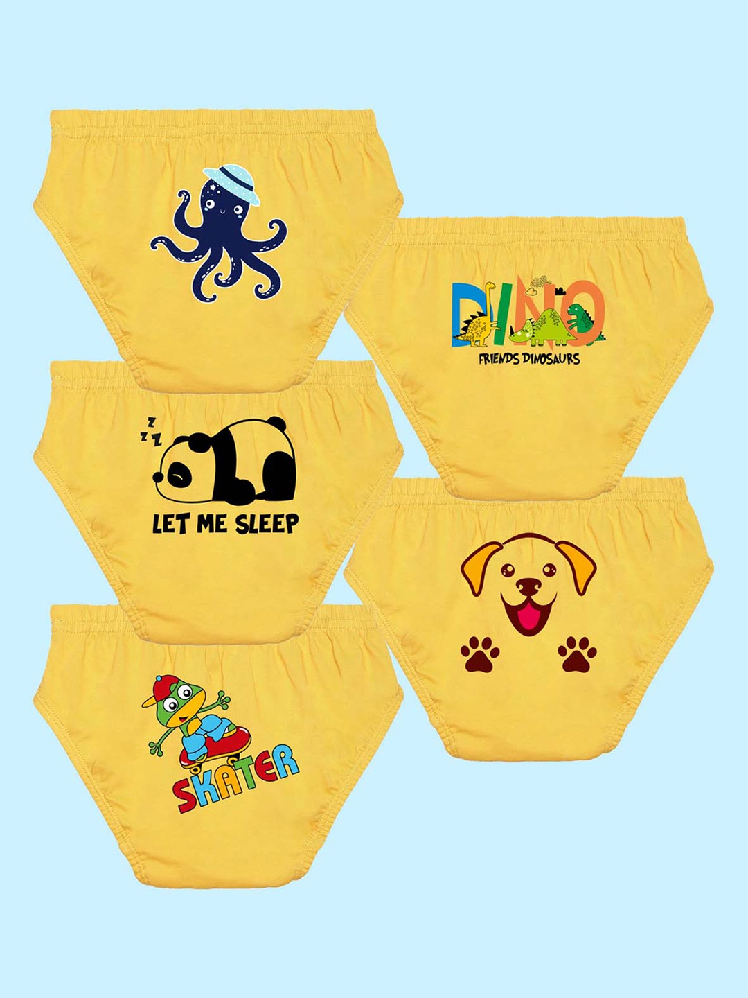 

NUSYL Boys Pack Of 5 Printed Pure Cotton Basic Briefs NUBCBRFPO5.0038, Yellow