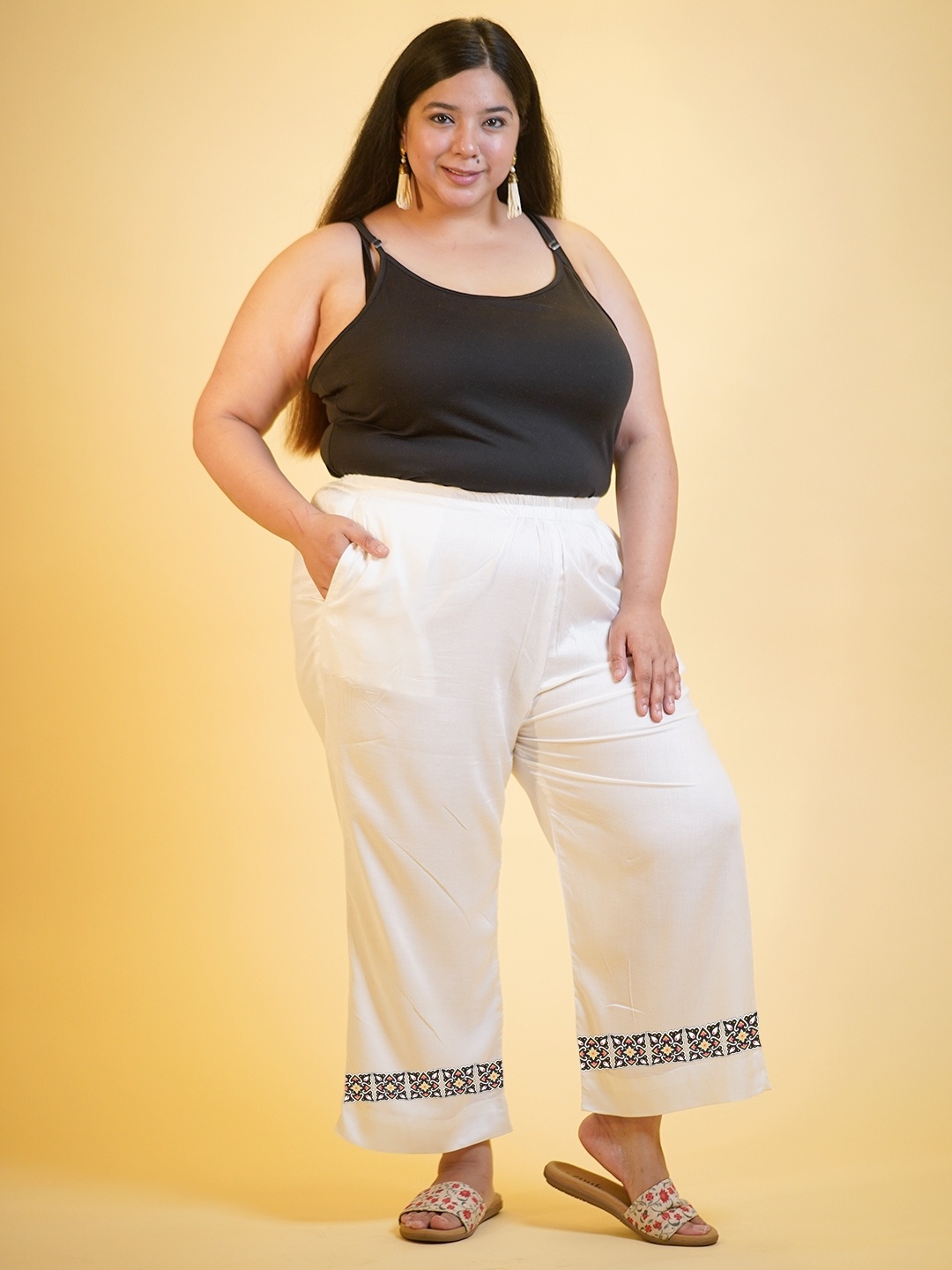 

LetsDressUp Plus Size Ethnic Motifs Hem Design Chambray Straight Fit Palazzo, White
