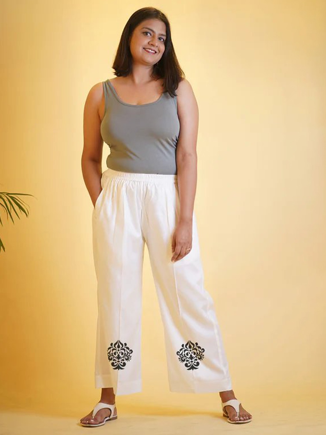 

LetsDressUp Women Printed Chambray Wide Leg Palazzos, White