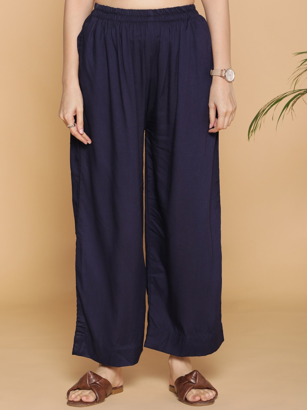 

LetsDressUp Women Chambray Straight Palazzos, Navy blue
