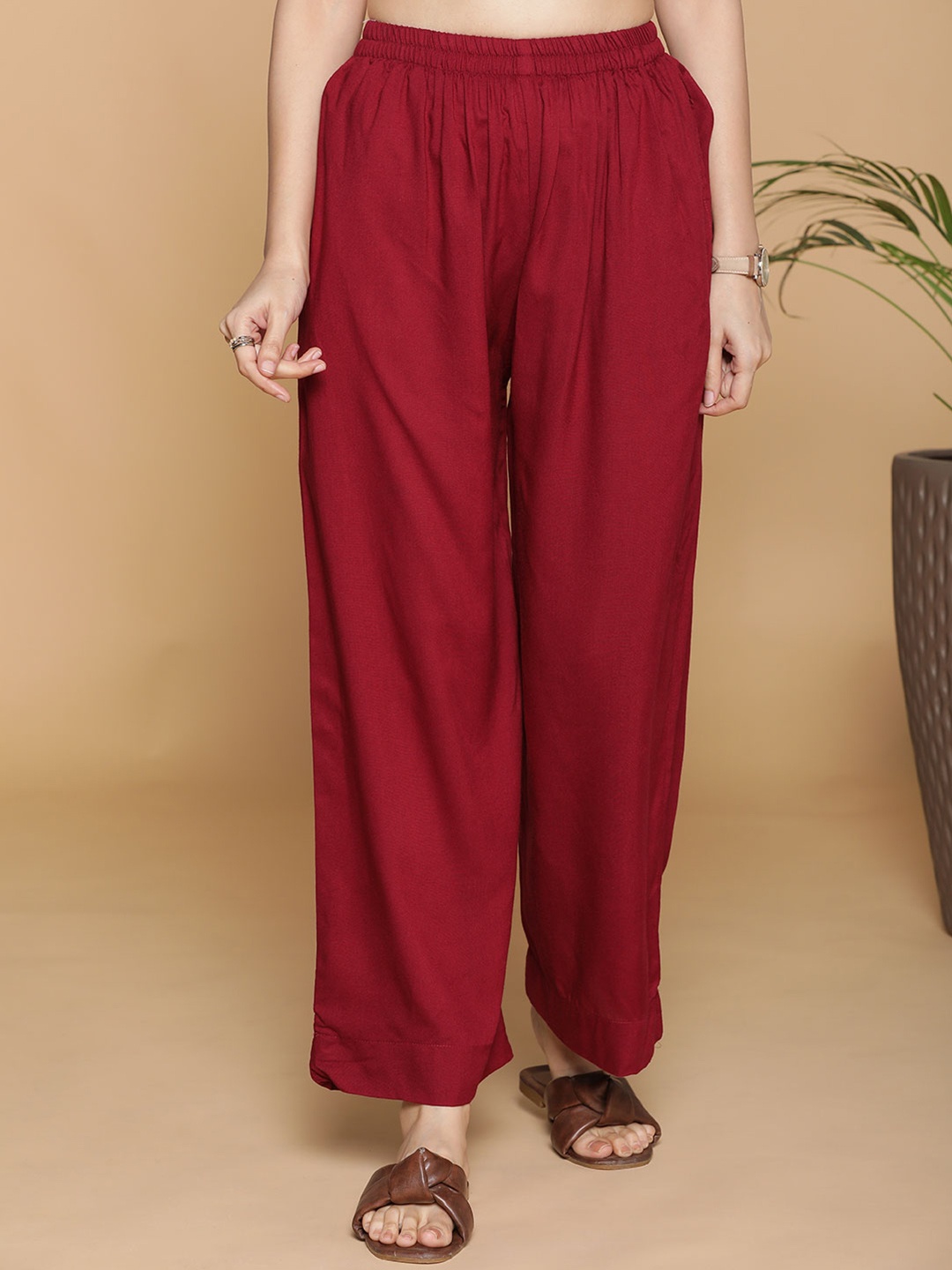 

LetsDressUp Women Chambray Straight Palazzos, Maroon